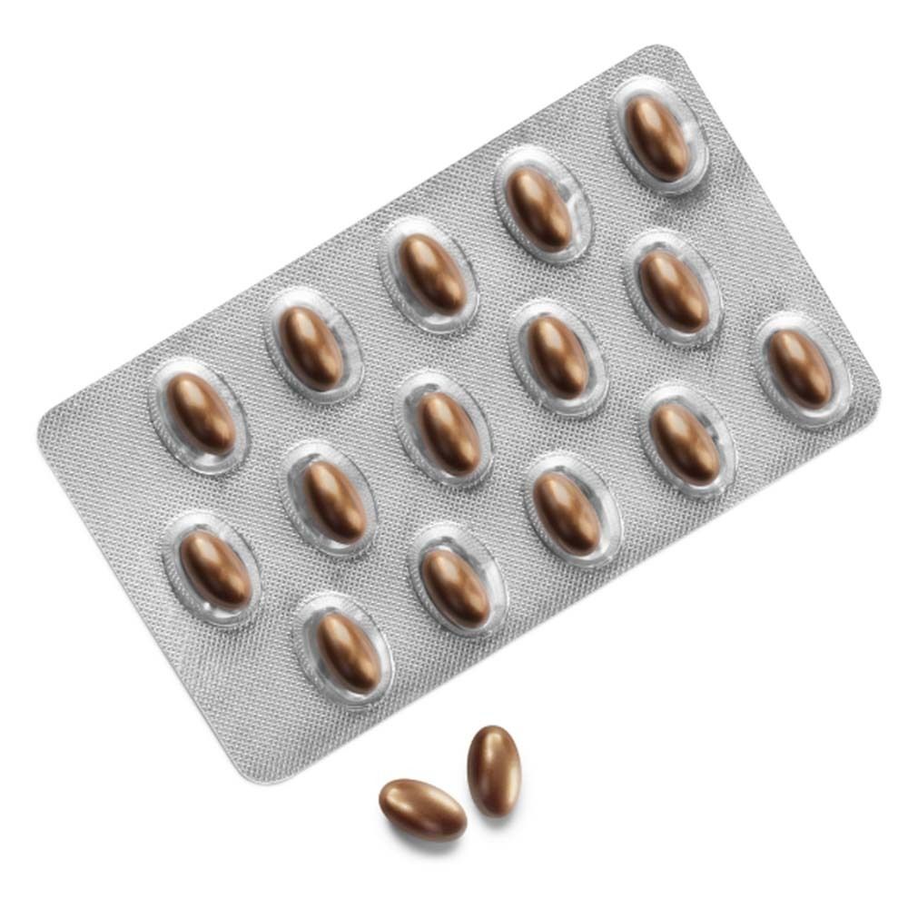 Blisterpackung mit 15 braunen Weichkapseln. Kapseln in silberner Folie.