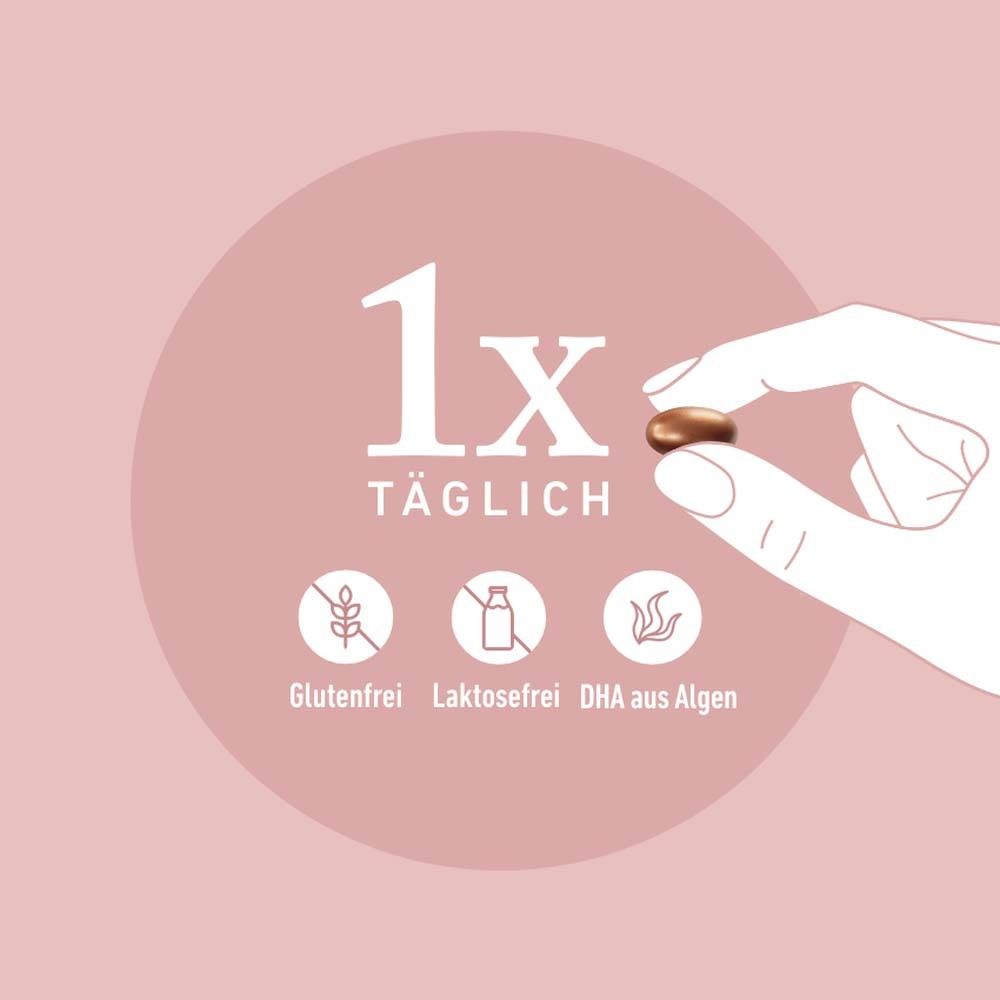 Hand hält eine braune Kapsel. Text: 1x täglich. Symbole: glutenfrei, laktosefrei, DHA aus Algen.