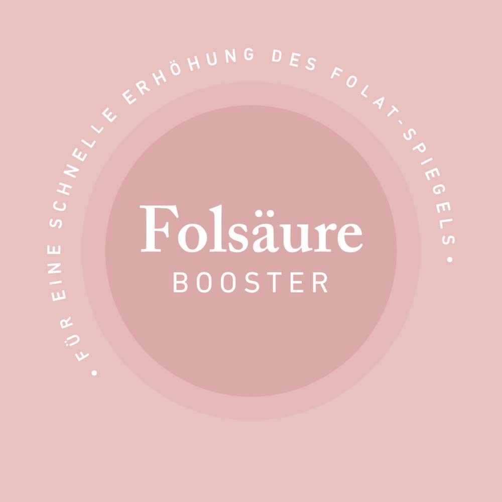 Rosa Hintergrund mit Text: Folsäure Booster. Für eine schnelle Erhöhung des Folat-Spiegels.