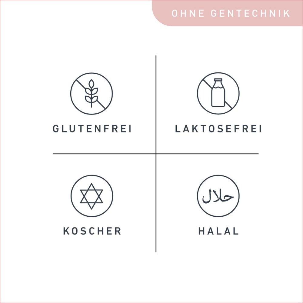 Symbole: glutenfrei, laktosefrei, koscher, halal. Ohne Gentechnik.
