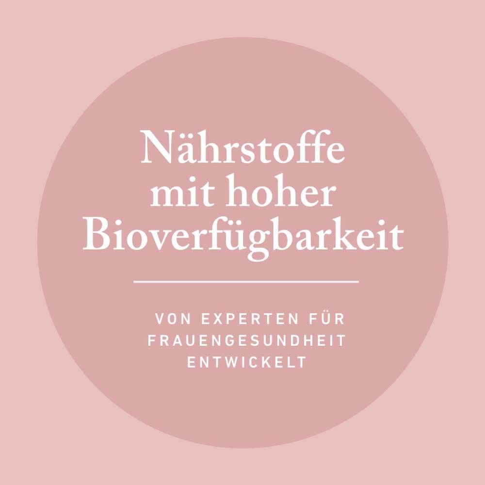 Rosa Hintergrund mit Text: Nährstoffe mit hoher Bioverfügbarkeit. Von Experten für Frauengesundheit entwickelt.