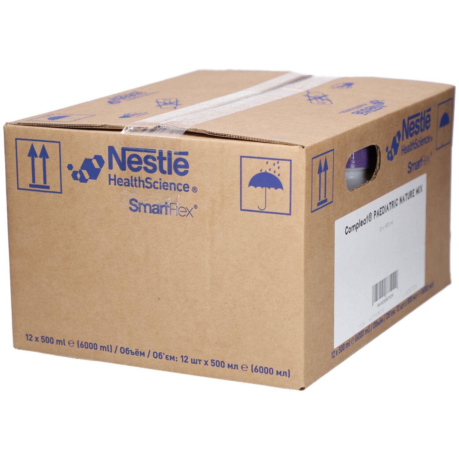 Karton mit COMPLEAT PAEDIA NAT.MIX. Aufschrift: Nestle HealthScience, SmartFlex. 12 x 500 ml. Ansicht von der Seite.
