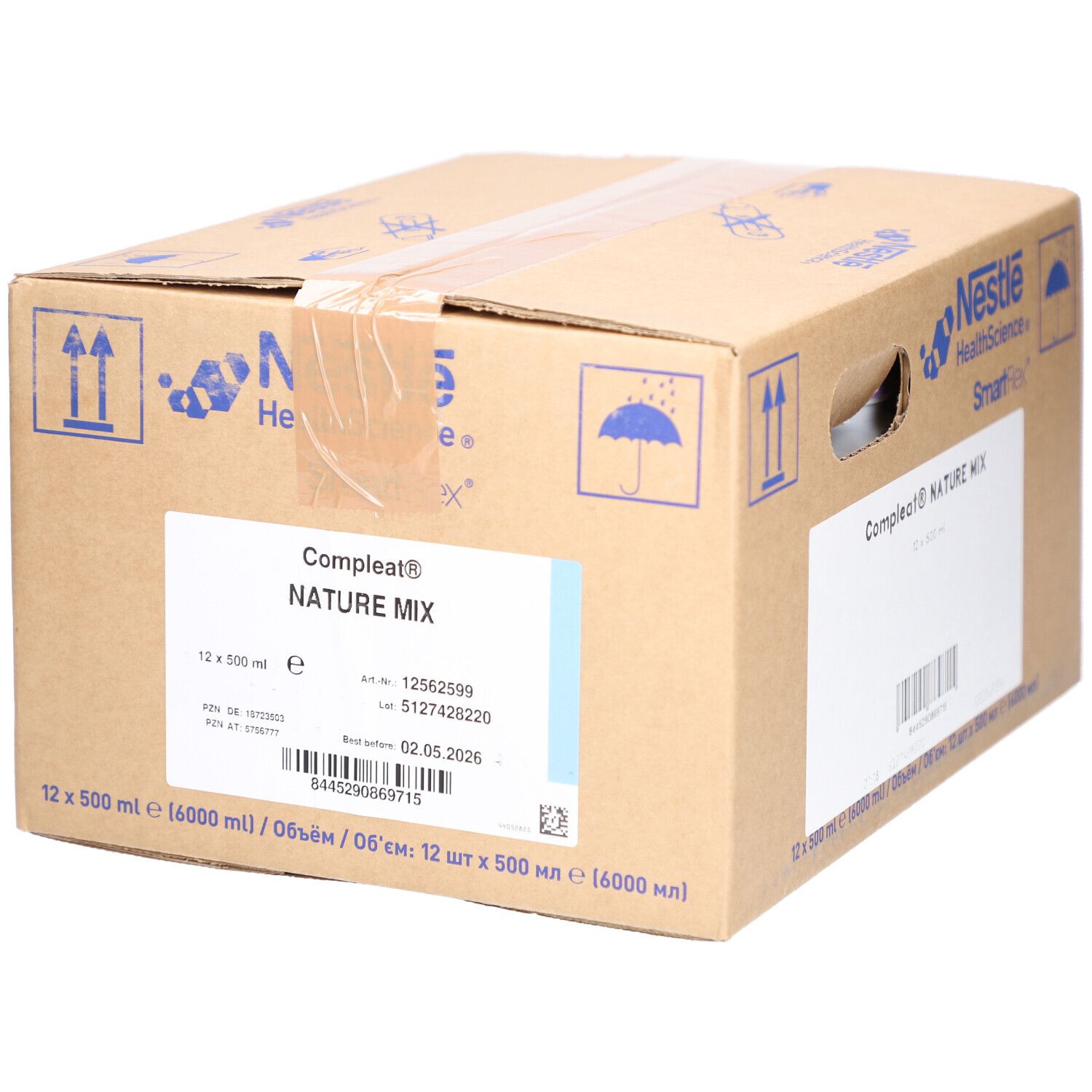 Kartonverpackung mit Produktbezeichnung und Logo. Aufdrucke: Nestle HealthScience, SmartFlex, Compleat Nature Mix, Haltbarkeitsdatum.