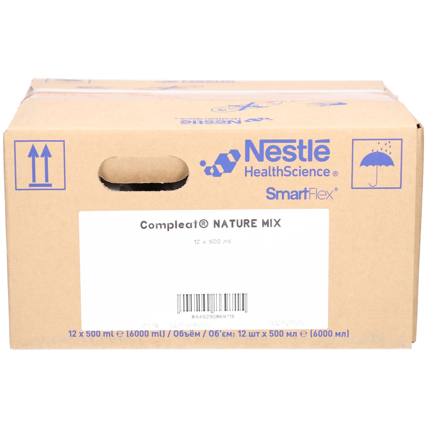 Kartonverpackung mit Produktbezeichnung und Logo. Aufdrucke: Nestle HealthScience, SmartFlex, Compleat Nature Mix, Barcode.