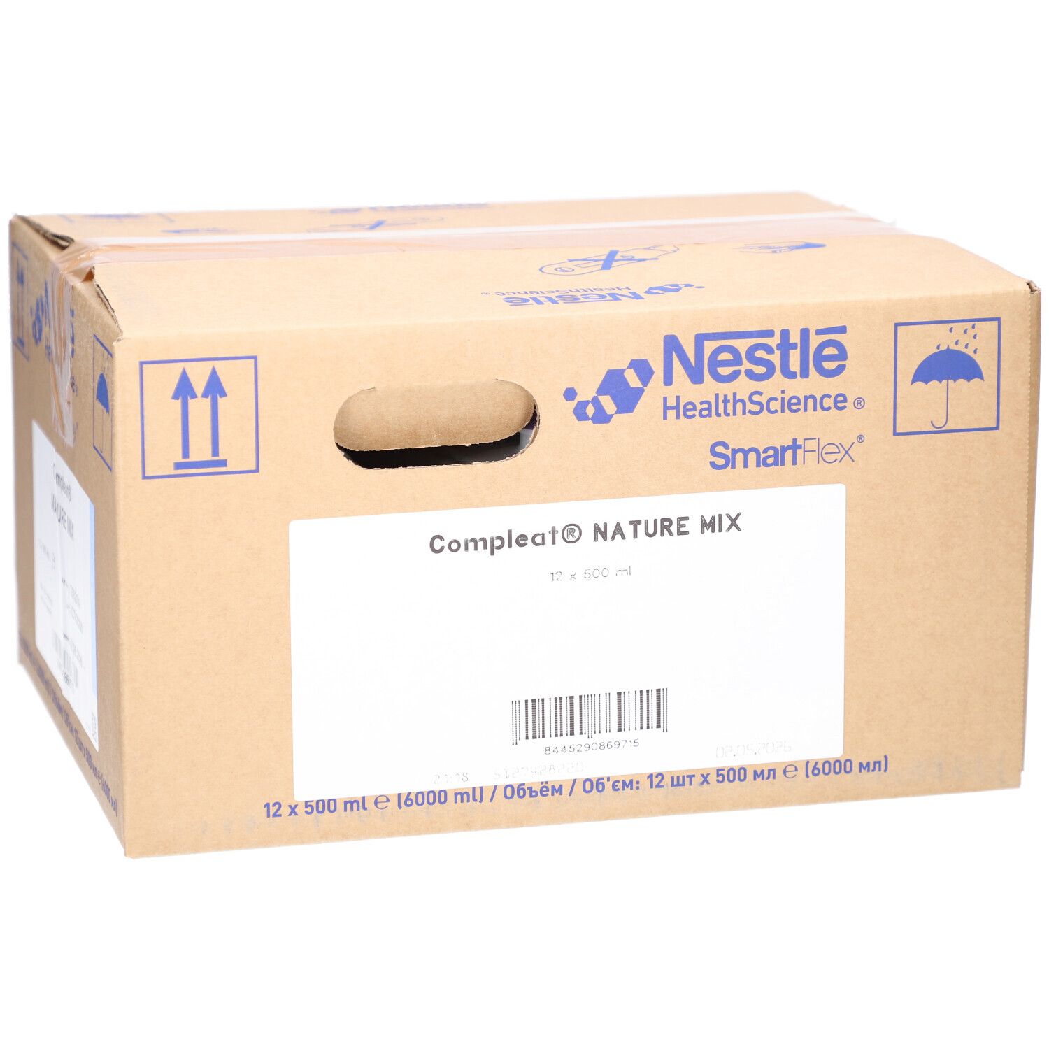 Kartonverpackung mit Produktbezeichnung und Logo. Aufdrucke: Nestle HealthScience, SmartFlex, Compleat Nature Mix, Barcode.