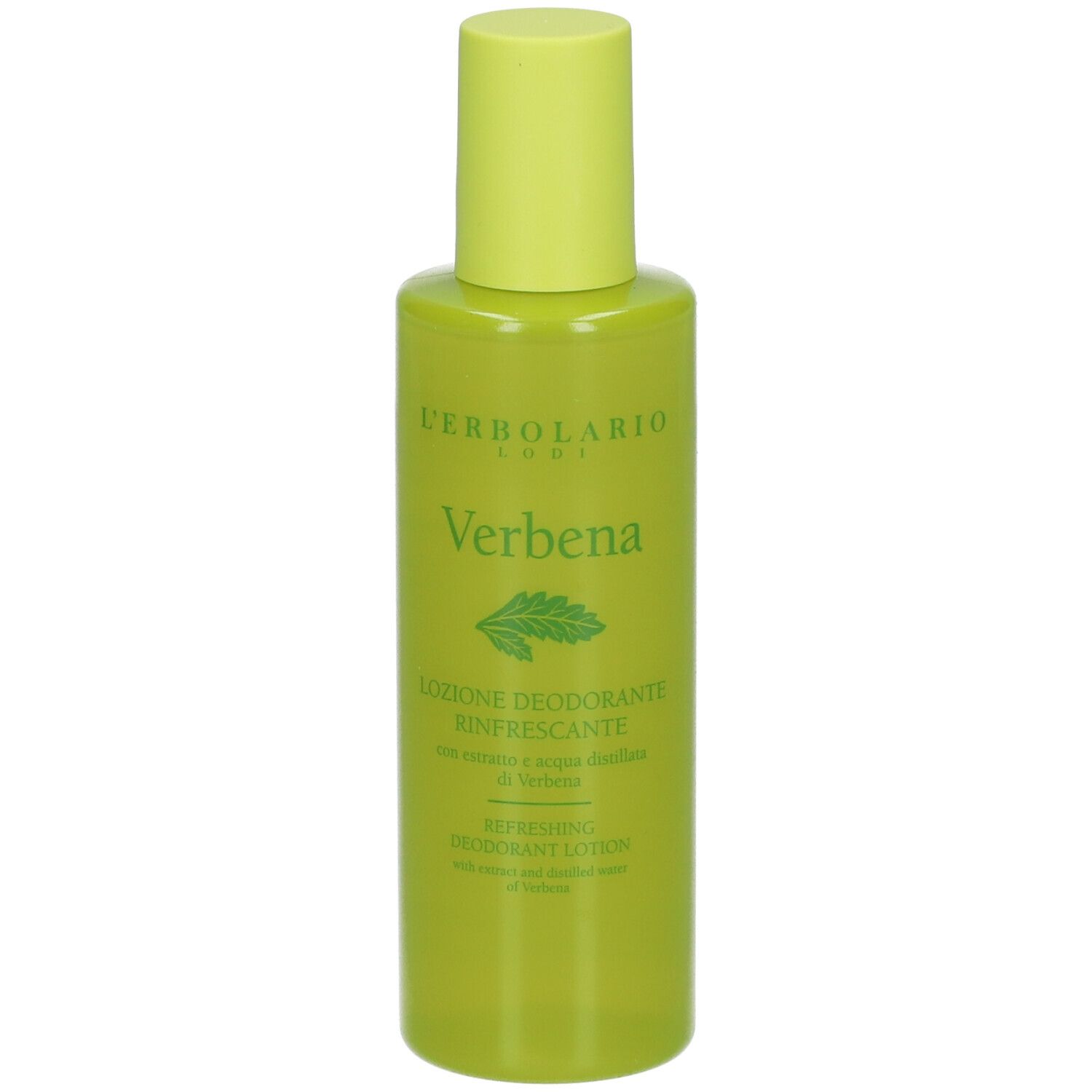 Grüne Flasche mit gelbem Deckel. Aufschrift: Verbena, L'Erbolario. Deodorant Lotion.