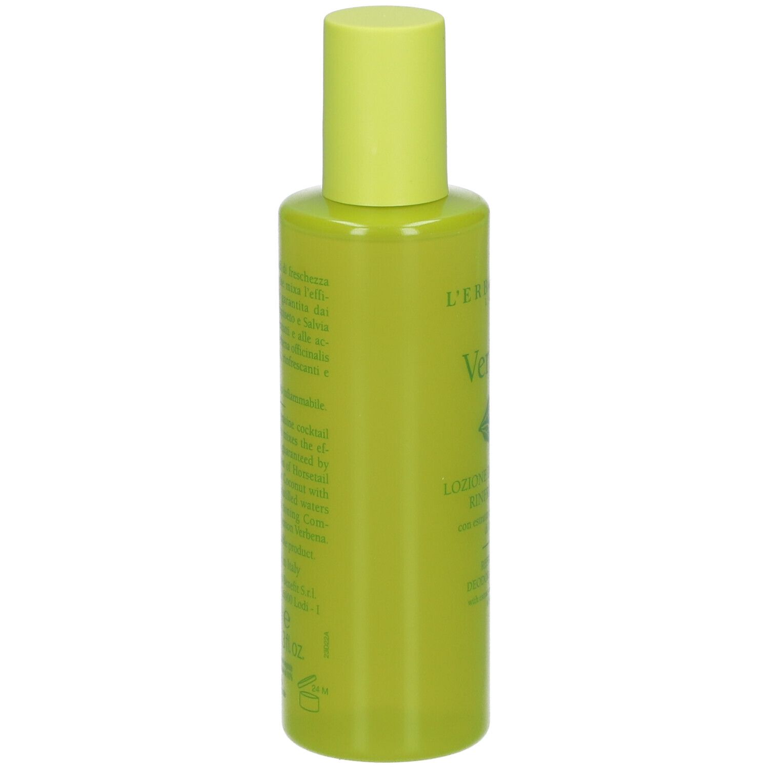 Grüne Flasche mit gelbem Deckel. Text auf der Rückseite. L'Erbolario Verbena.