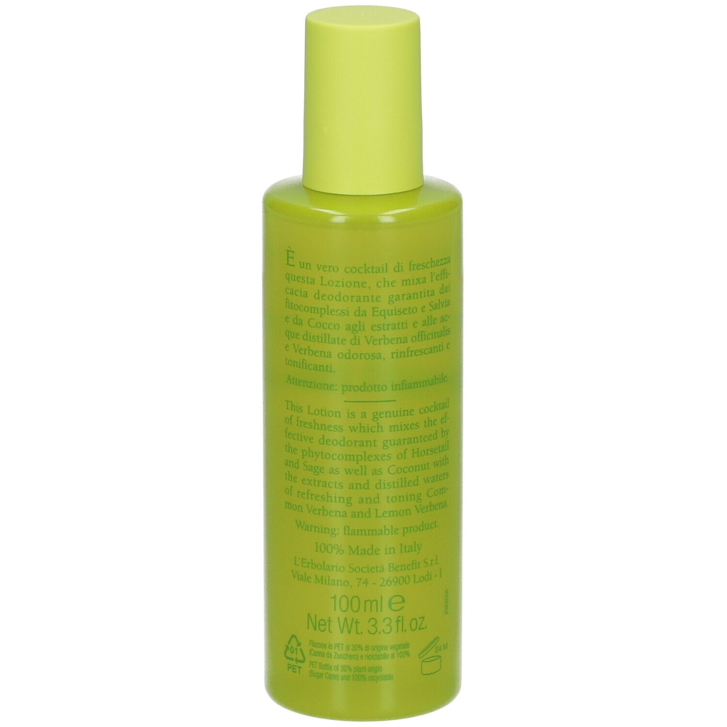 Grüne Flasche mit gelbem Deckel. Text auf der Rückseite. L'Erbolario Verbena. 100ml.