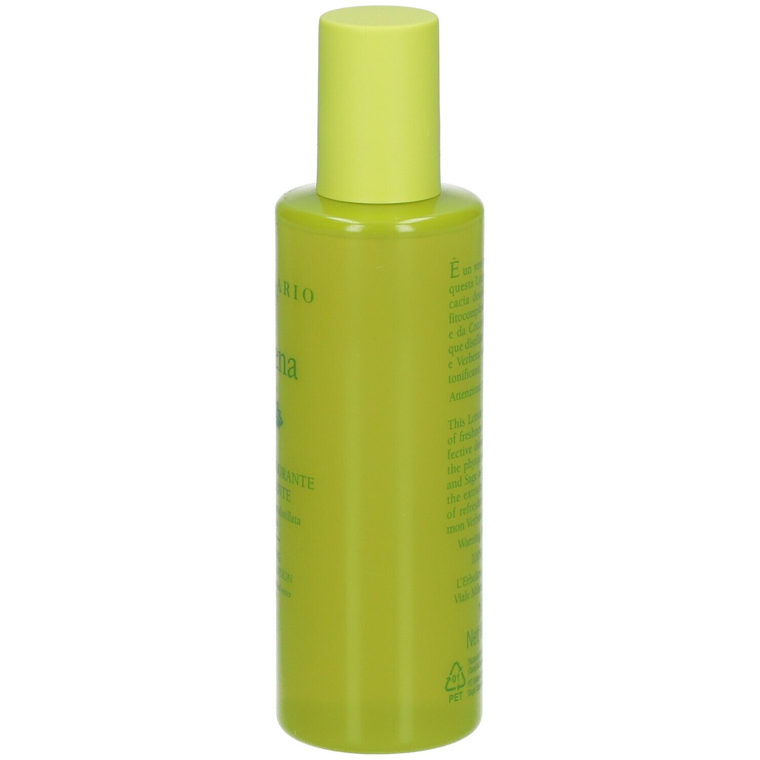 Grüne Flasche mit gelbem Deckel. Text auf der Rückseite. L'Erbolario Verbena.