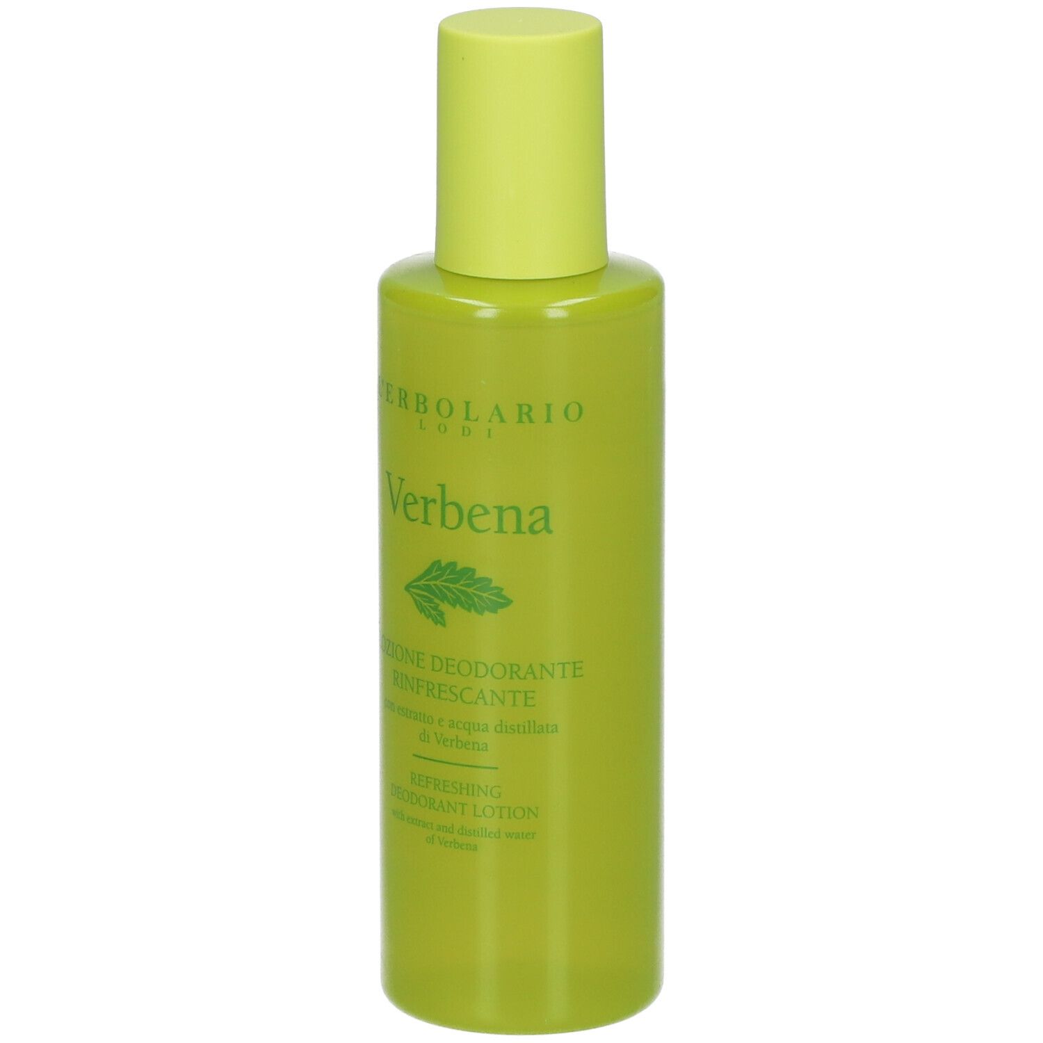 Grüne Flasche mit gelbem Deckel. Aufschrift: Verbena, L'Erbolario. Deodorant Lotion.