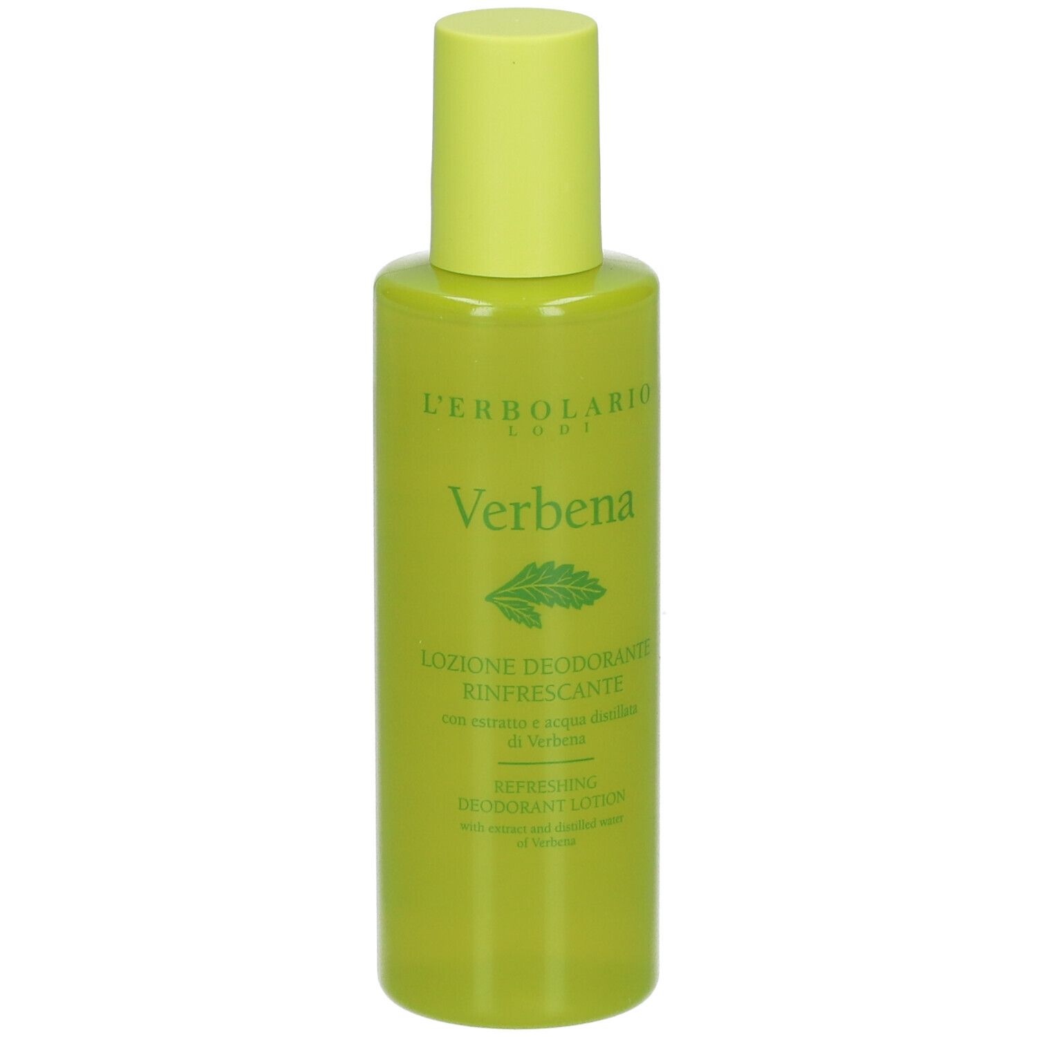 Grüne Flasche mit gelbem Deckel. Aufschrift: Verbena, L'Erbolario. Deodorant Lotion.