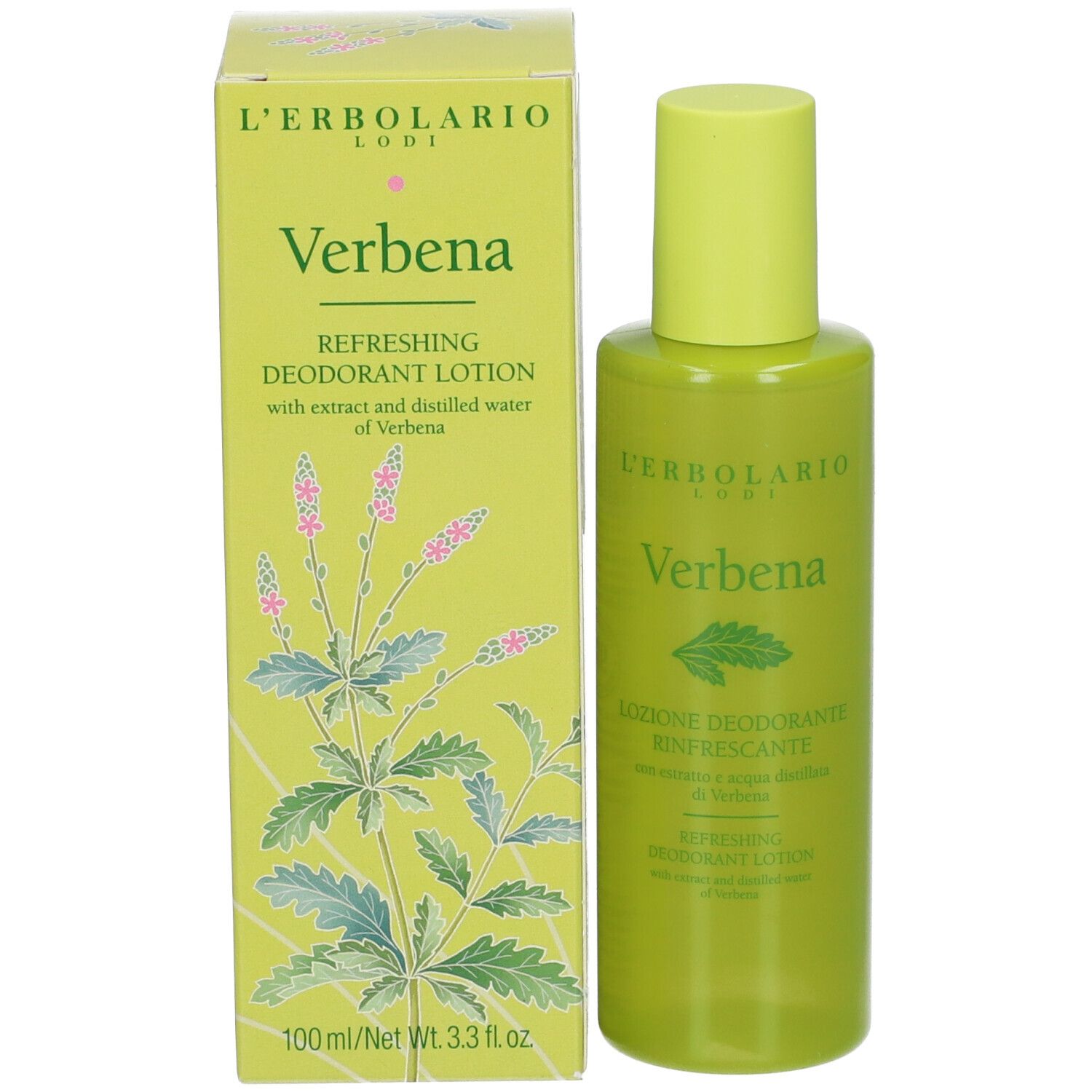 Grüne Flasche und Schachtel. Aufschrift: Verbena, L'Erbolario. Deodorant Lotion. 100ml.
