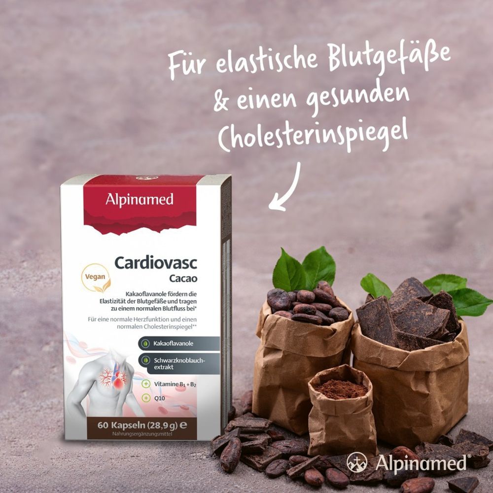 Alpinamed® Cardiovasc Cacao unterstützt Herz und Gefäße mit Kakaoextrakt, Schwarzknoblauchextrakt und Coenzym Q10, vegan