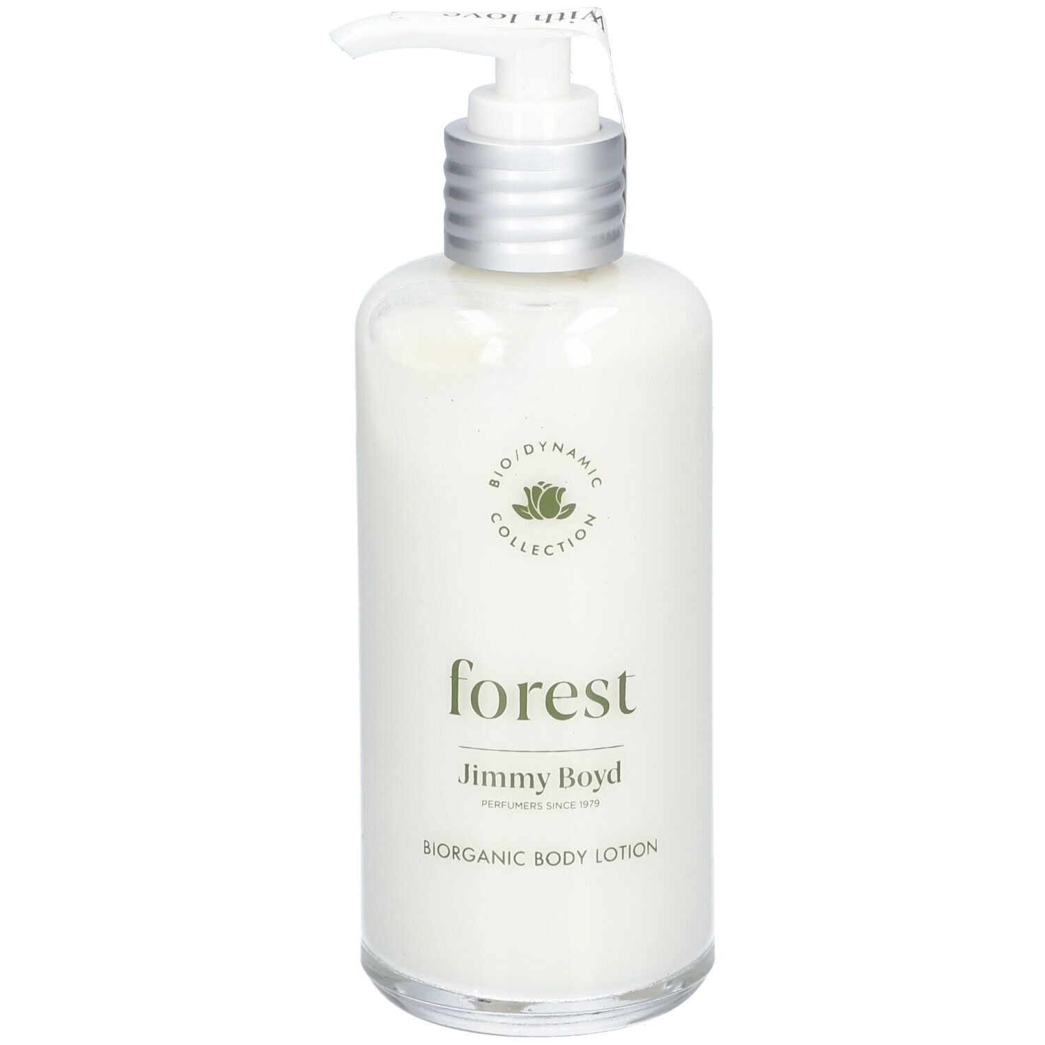 Körperlotion-Flasche mit Pumpe. Aufschrift: forest, Jimmy Boyd, Biorganic Body Lotion. Biodynamic Collection Logo.