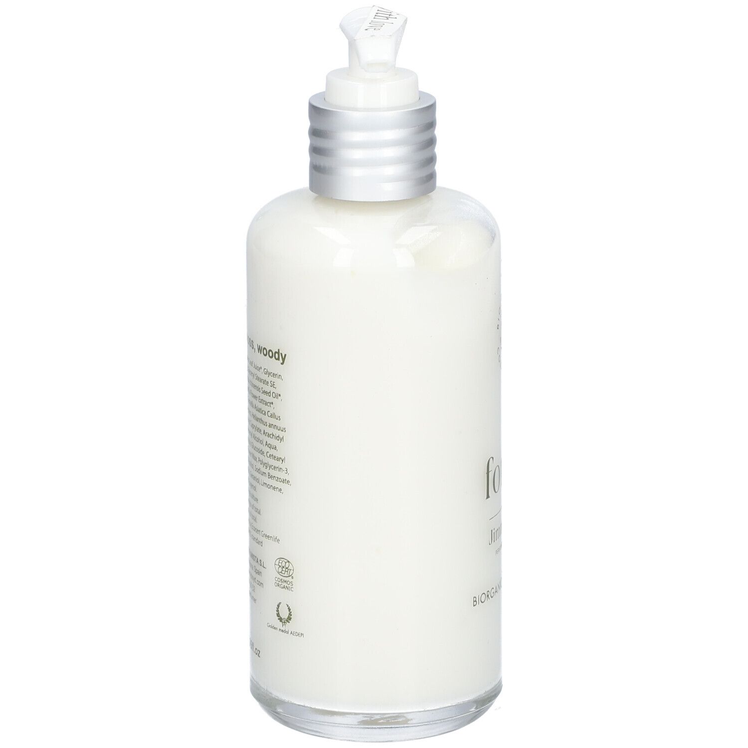 Rückseite der Körperlotion-Flasche. Aufschrift: Inhaltsstoffe, forest, Jimmy Boyd, Biorganic Body Lotion. Logos und Zertifizierungen.