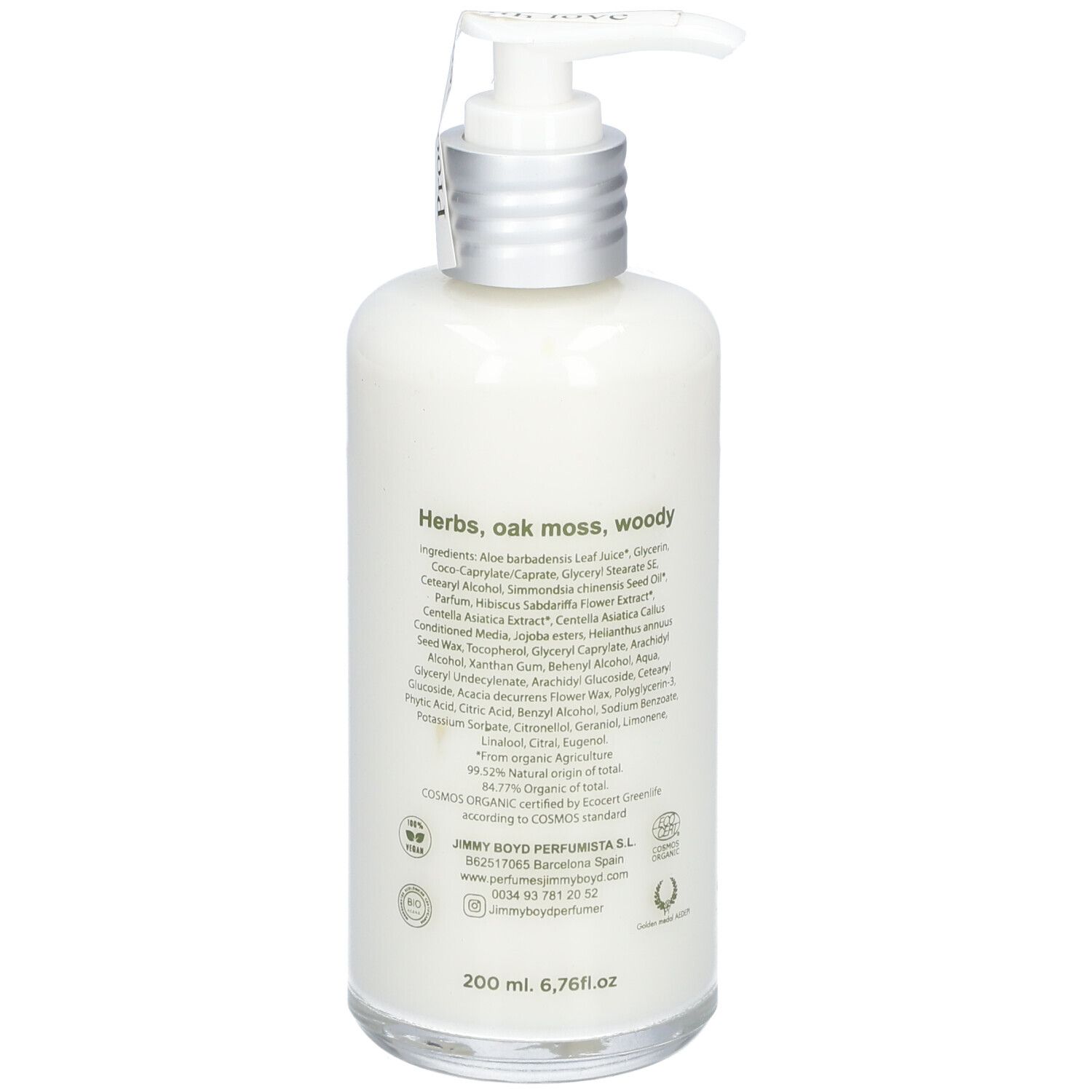 Rückseite der Körperlotion-Flasche. Aufschrift: Inhaltsstoffe, forest, Jimmy Boyd, Biorganic Body Lotion. Volumen: 200 ml.