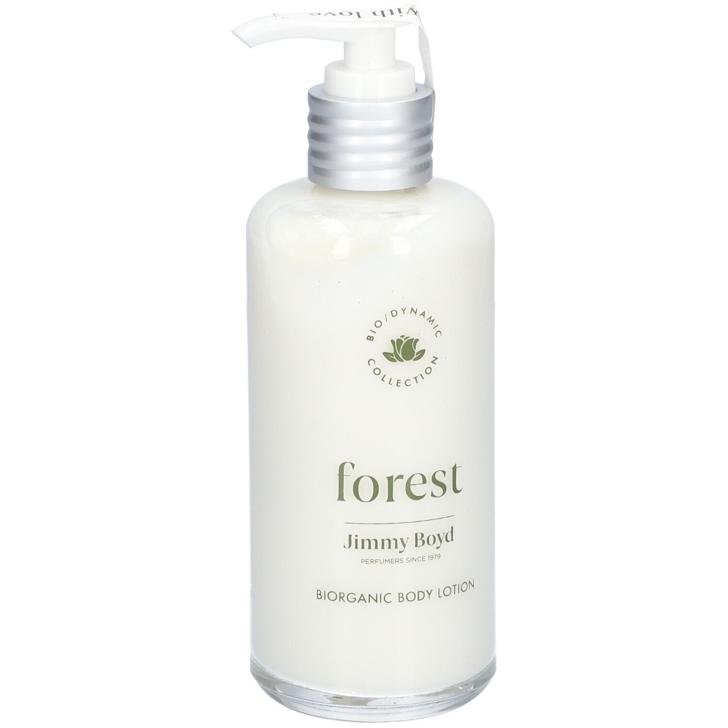 Körperlotion-Flasche mit Pumpe. Aufschrift: forest, Jimmy Boyd, Biorganic Body Lotion. Biodynamic Collection Logo.