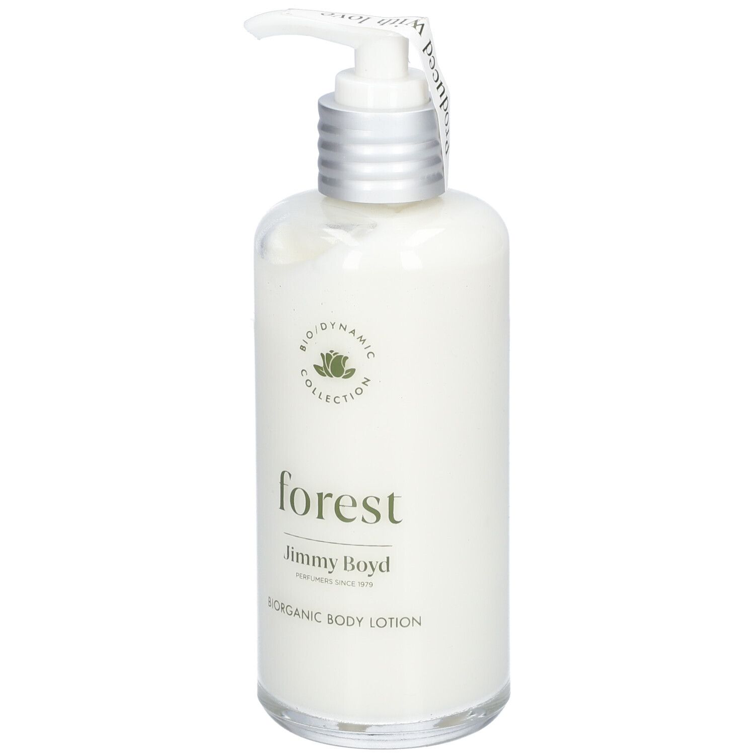 Körperlotion-Flasche mit Pumpe. Aufschrift: forest, Jimmy Boyd, Biorganic Body Lotion. Biodynamic Collection Logo.
