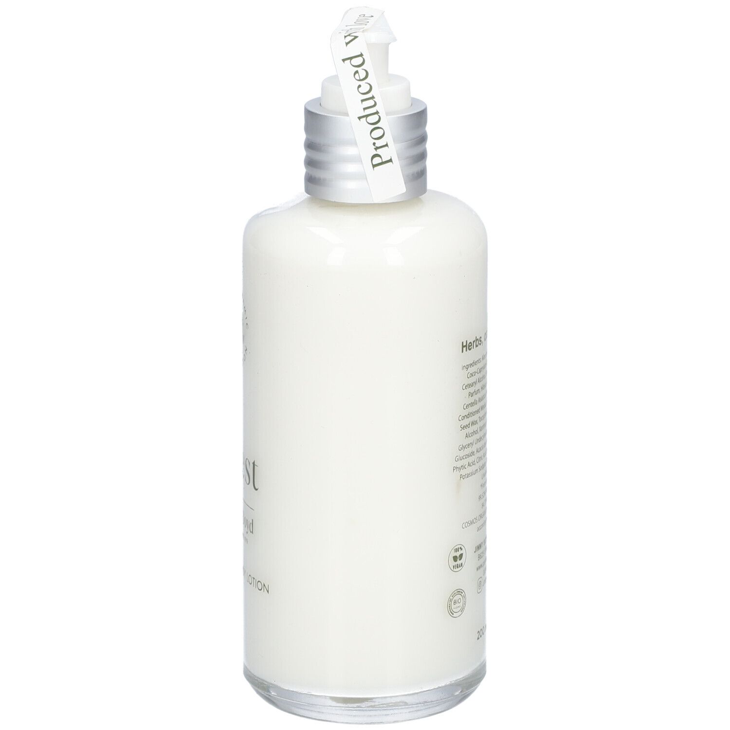 Rückseite der Körperlotion-Flasche. Aufschrift: Inhaltsstoffe, forest, Jimmy Boyd, Biorganic Body Lotion. Volumen: 200 ml.
