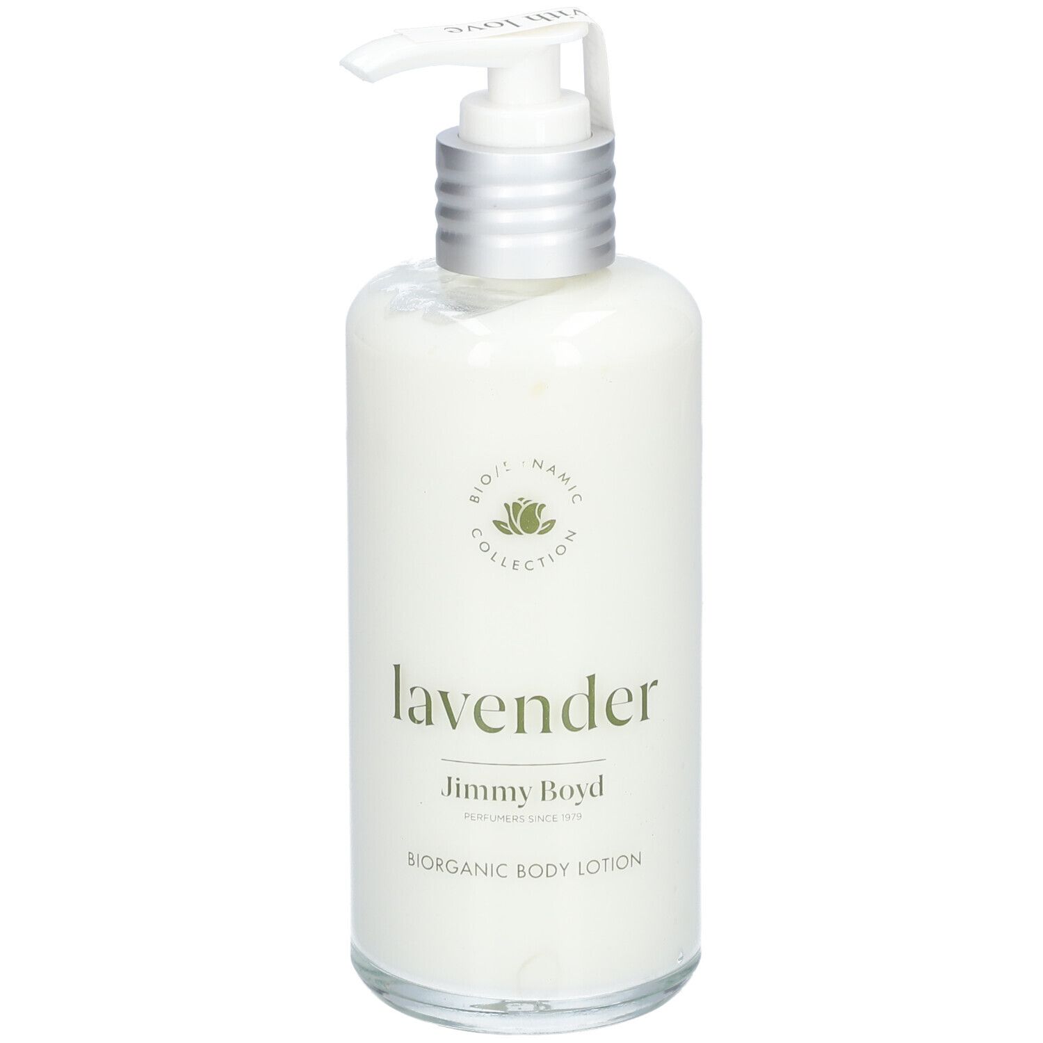 Körperlotion-Flasche mit Pumpverschluss. Aufschrift: lavender, Jimmy Boyd, Biorganic Body Lotion. Biodynamic Collection-Logo.