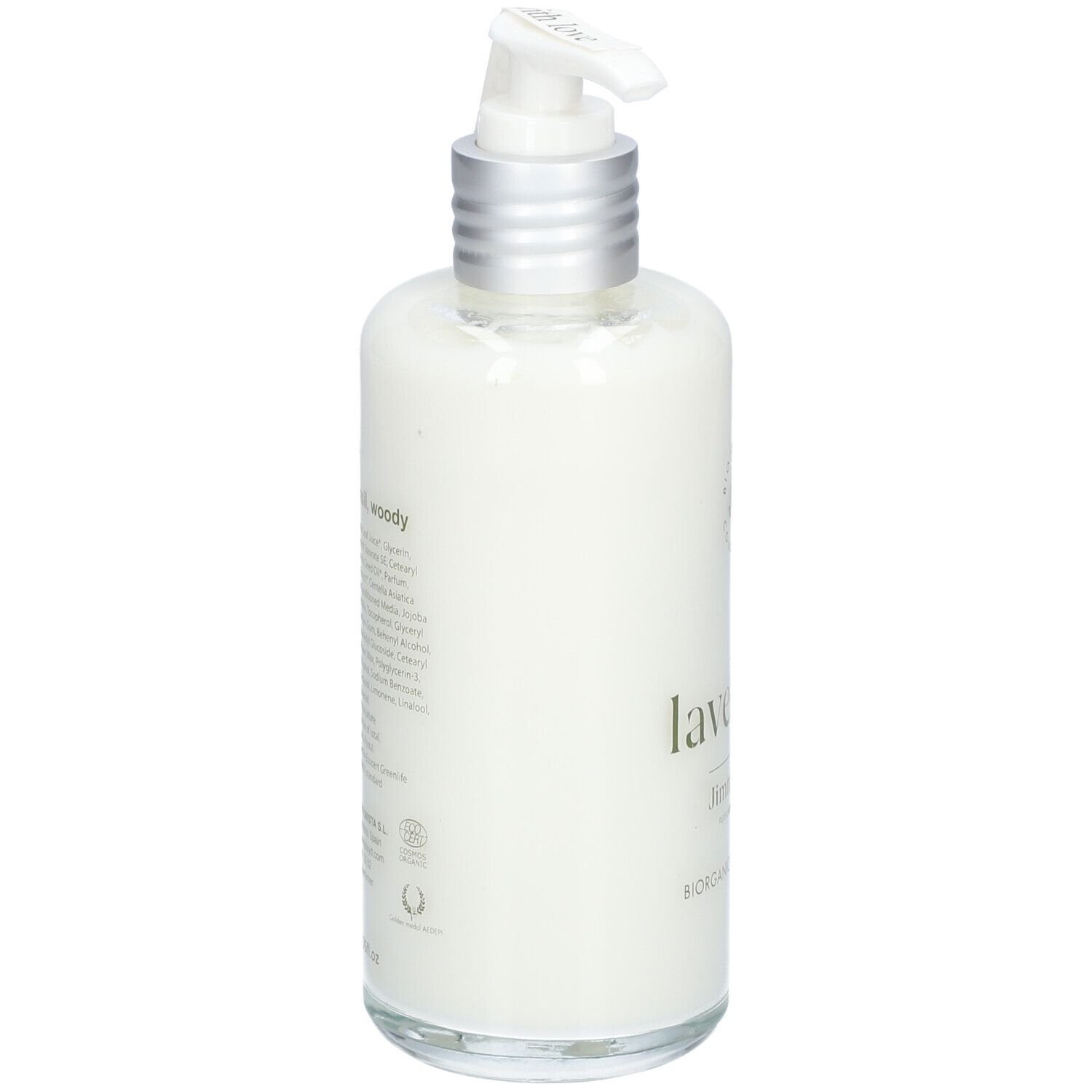 Rückseite der Körperlotion-Flasche. Text: Inhaltsstoffe, Jimmy Boyd. Mit Zertifizierungen und Logos.