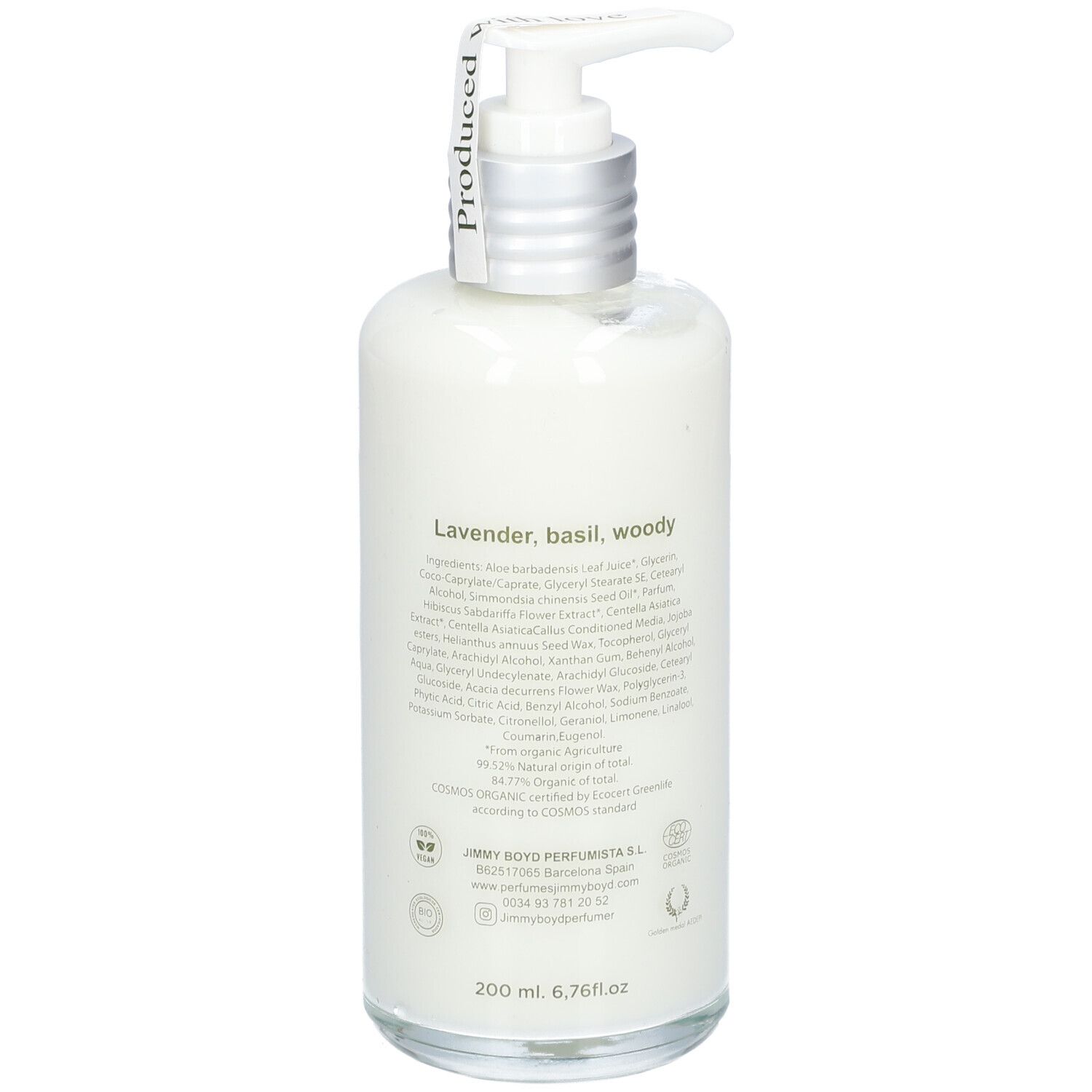 Rückseite der Körperlotion-Flasche. Text: Inhaltsstoffe, Jimmy Boyd. Mit Zertifizierungen und Logos. Volumen: 200 ml, 6,76 fl oz.