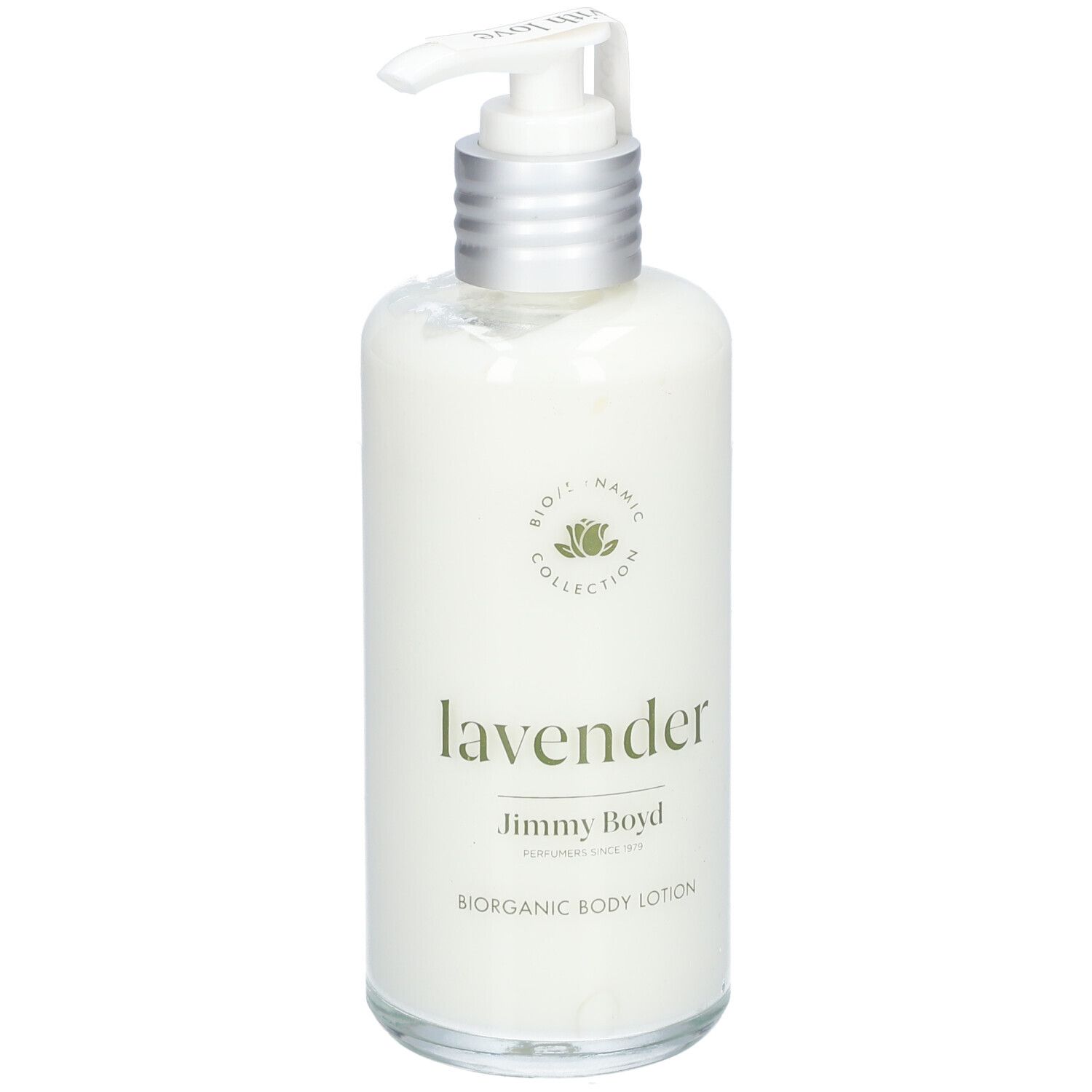 Körperlotion-Flasche mit Pumpverschluss. Aufschrift: lavender, Jimmy Boyd, Biorganic Body Lotion. Biodynamic Collection-Logo.