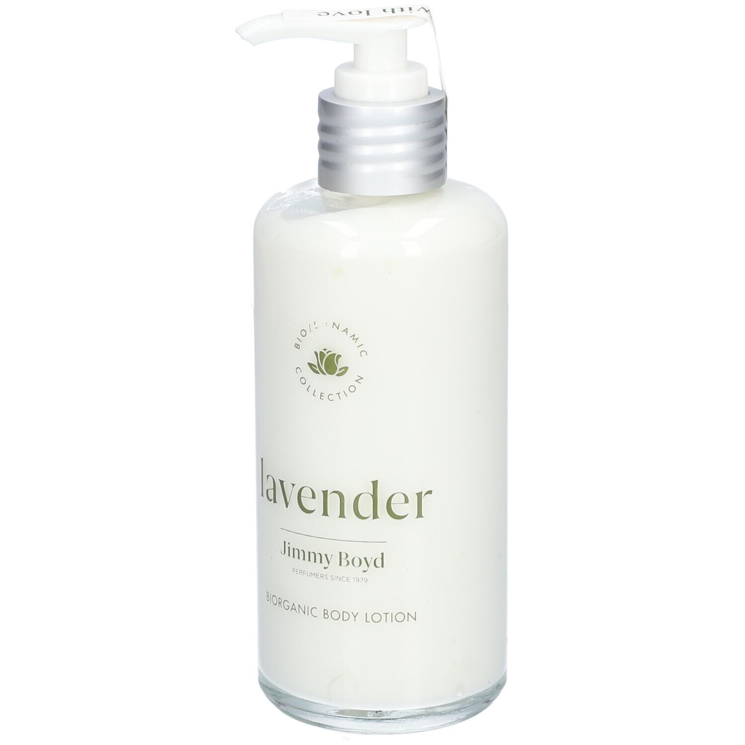 Körperlotion-Flasche mit Pumpverschluss. Aufschrift: lavender, Jimmy Boyd, Biorganic Body Lotion. Biodynamic Collection-Logo.