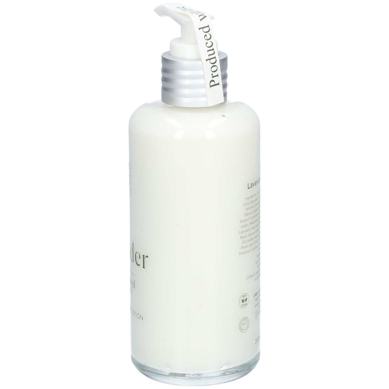 Rückseite der Körperlotion-Flasche. Text: Inhaltsstoffe, Jimmy Boyd. Mit Zertifizierungen und Logos.