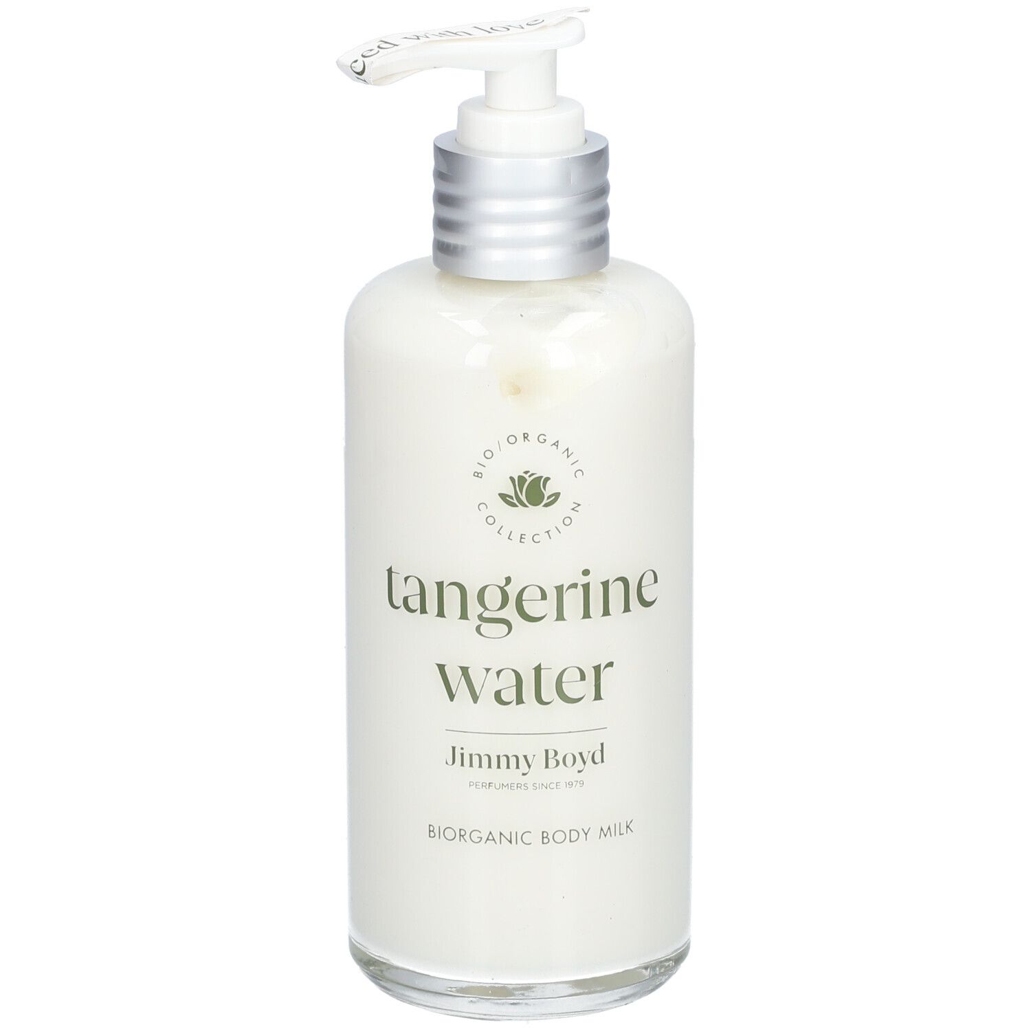 Körperlotion-Flasche mit Pumpe. Aufschrift: Tangerine Water, Jimmy Boyd. Bio-Organic Collection.