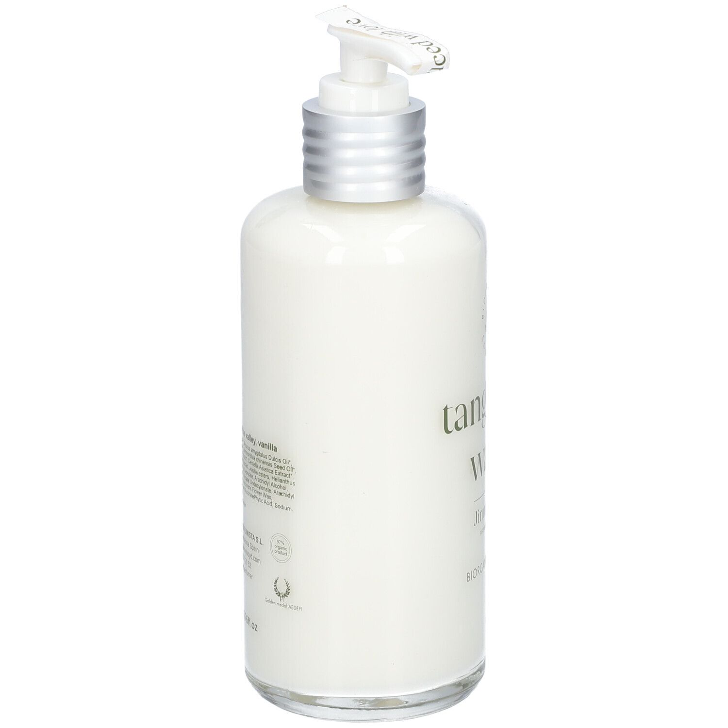Körperlotion-Flasche mit Pumpe. Rückseite mit Text. Marke: Jimmy Boyd.