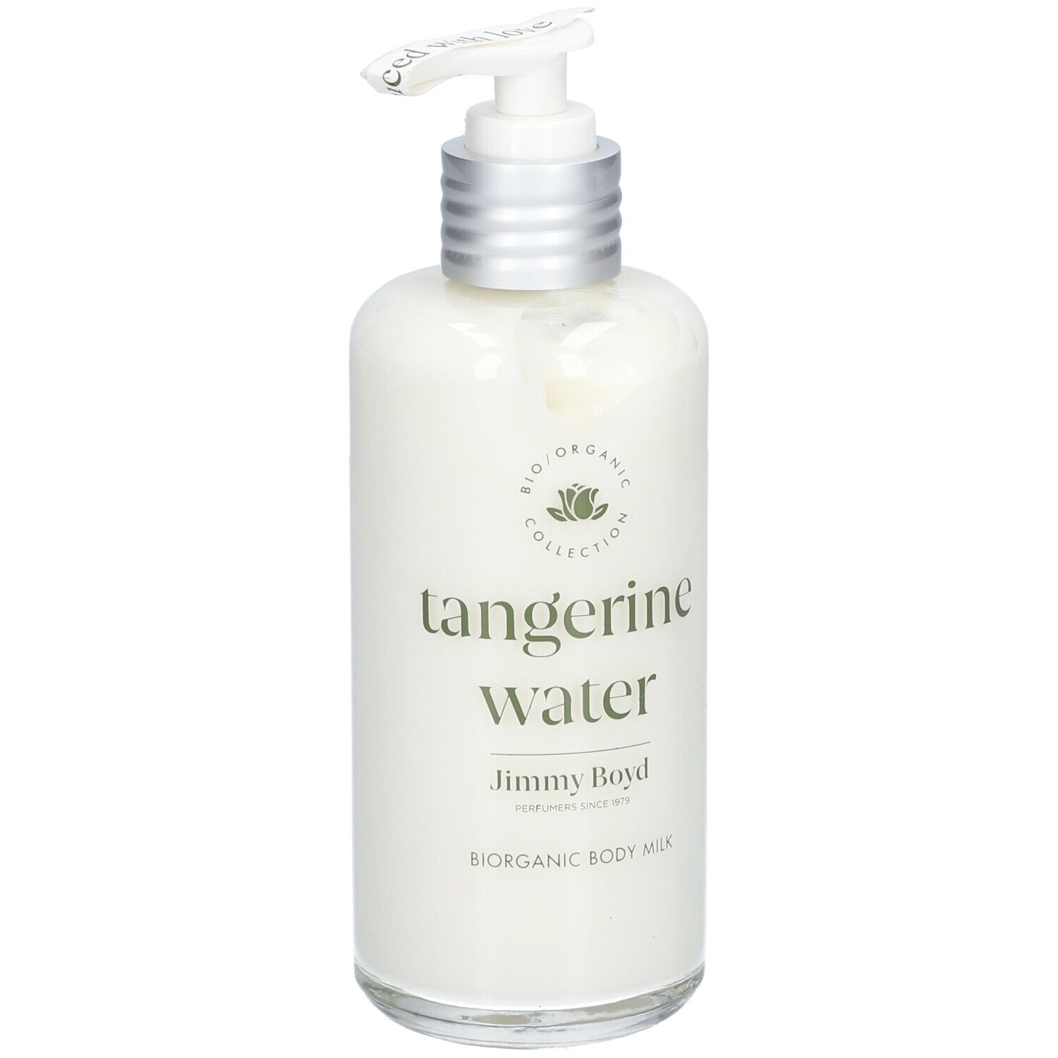 Körperlotion-Flasche mit Pumpe. Aufschrift: Tangerine Water, Jimmy Boyd. Bio-Organic Collection.