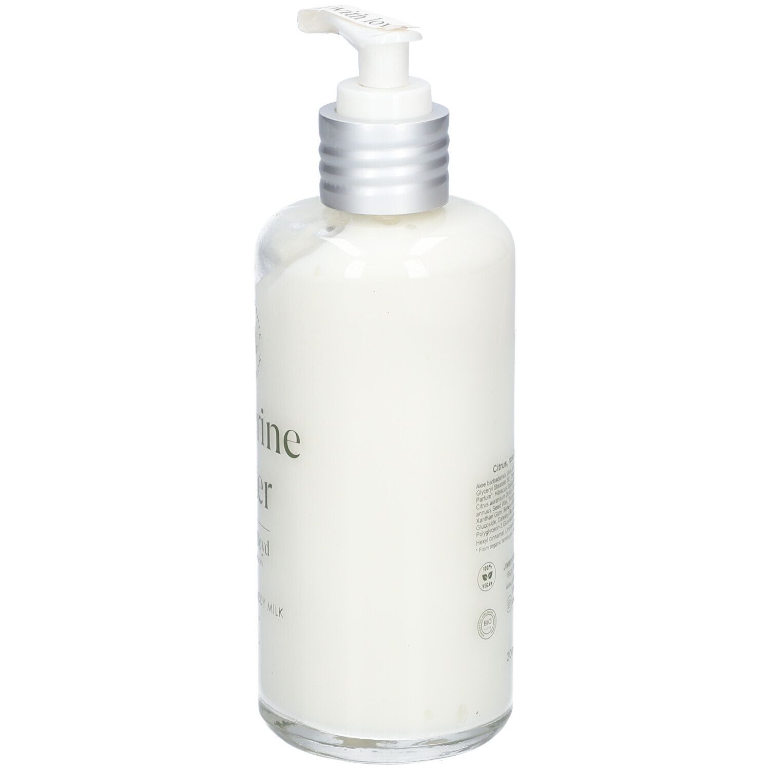 Körperlotion-Flasche mit Pumpe. Rückseite mit Text. Marke: Jimmy Boyd.