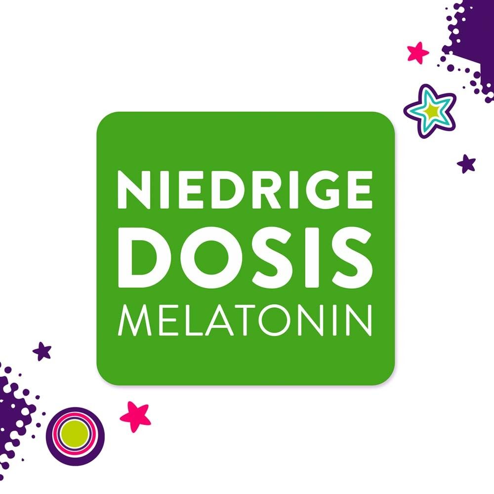 Grünes Quadrat mit Text: NIEDRIGE DOSIS MELATONIN. Sterne und Kreise als Dekoration.