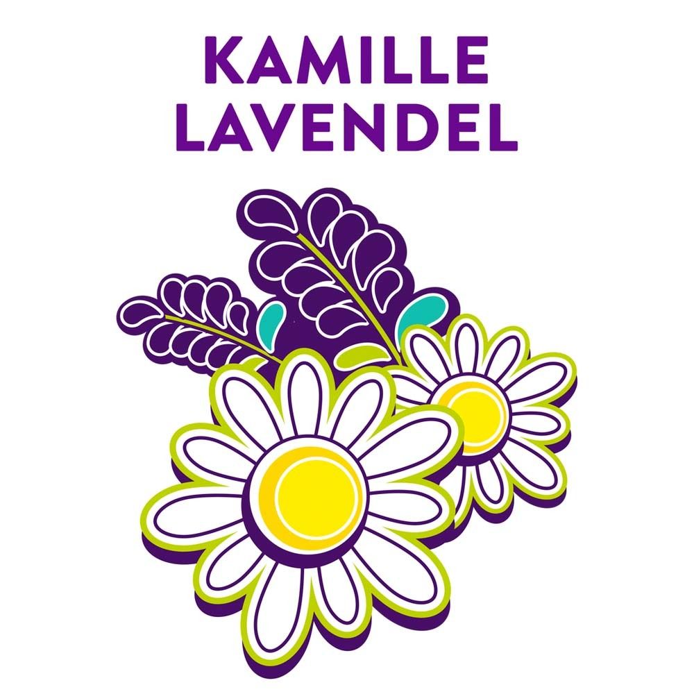 Text: KAMILLE LAVENDEL. Illustration von Kamillenblüten und Lavendelblättern.