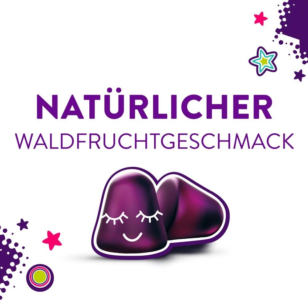 Zwei lila Weichgummis mit geschlossenen Augen. Text: NATÜRLICHER WALDFRUCHTGESCHMACK. Sterne.