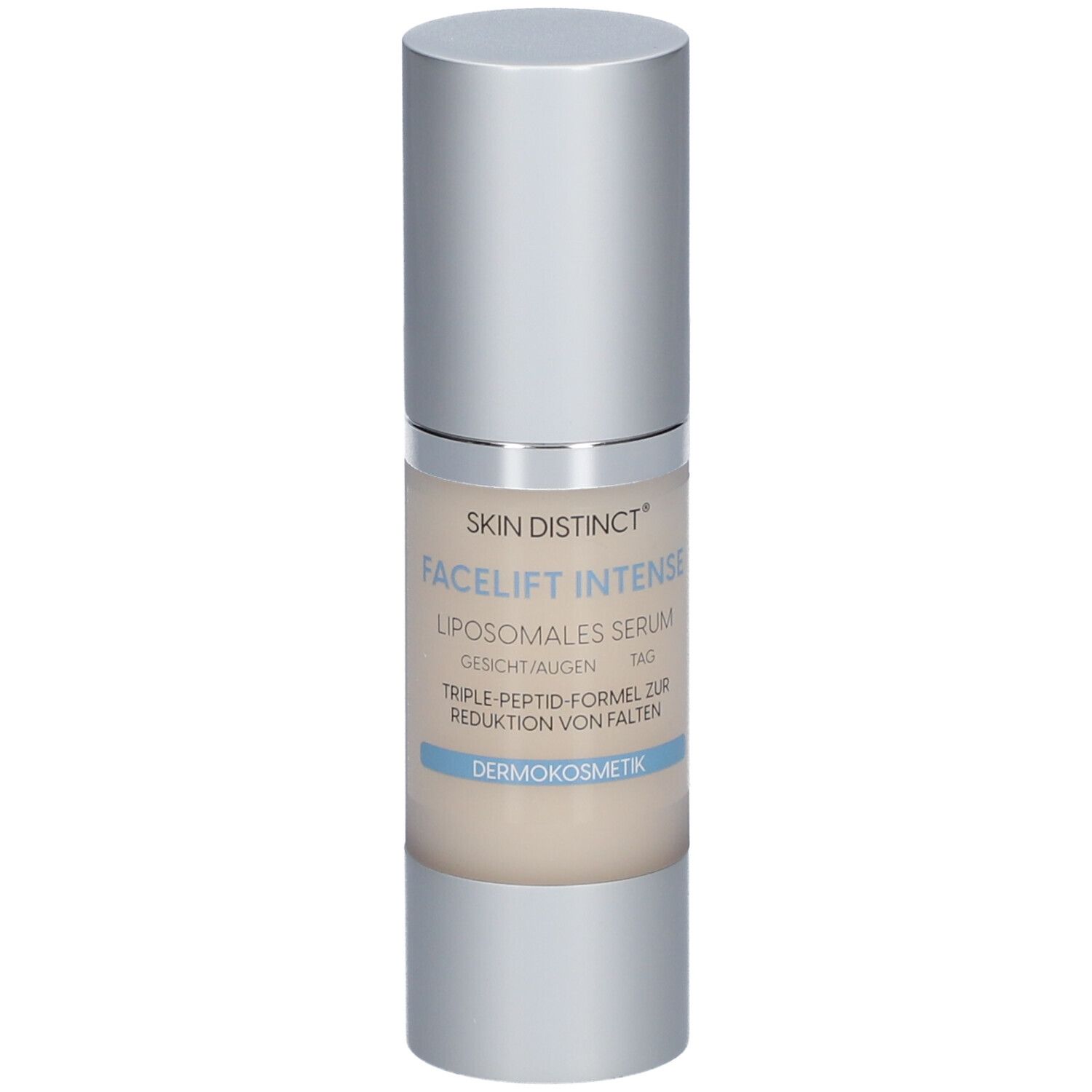 SKIN DISTINCT® Facelift Intense Serum, Flasche. Text: Liposomales Serum, Gesicht/Augen, Tag.