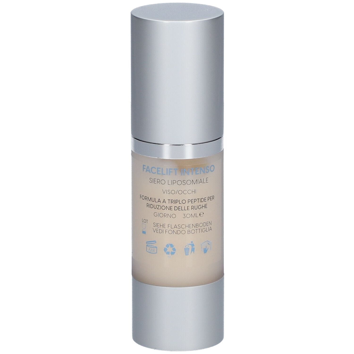 SKIN DISTINCT® Facelift Intense Serum, Flasche. Text: Liposomales Serum, Gesicht/Augen, Tag.