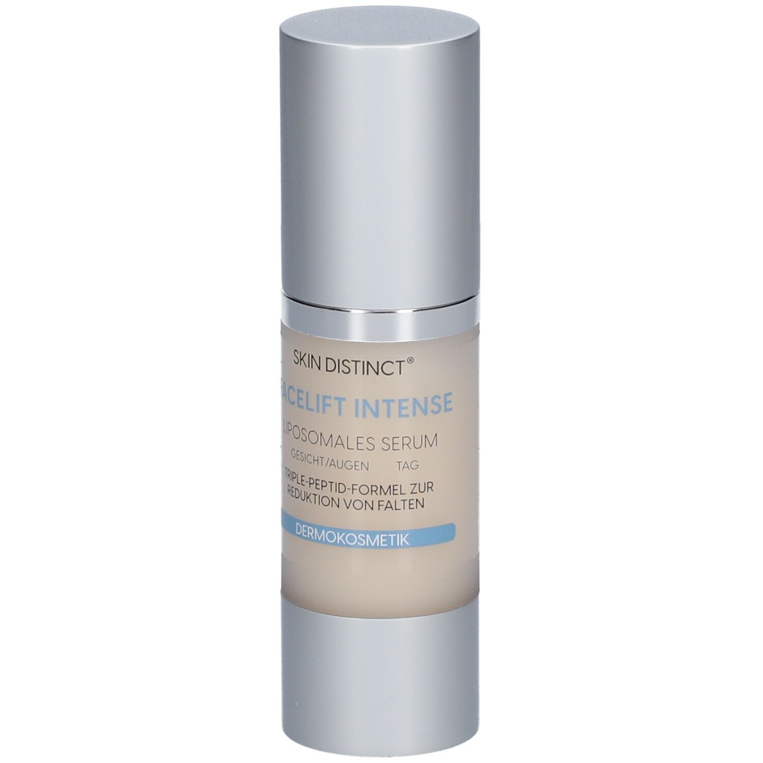 SKIN DISTINCT® Facelift Intense Serum, Flasche. Text: Liposomales Serum, Gesicht/Augen, Tag.