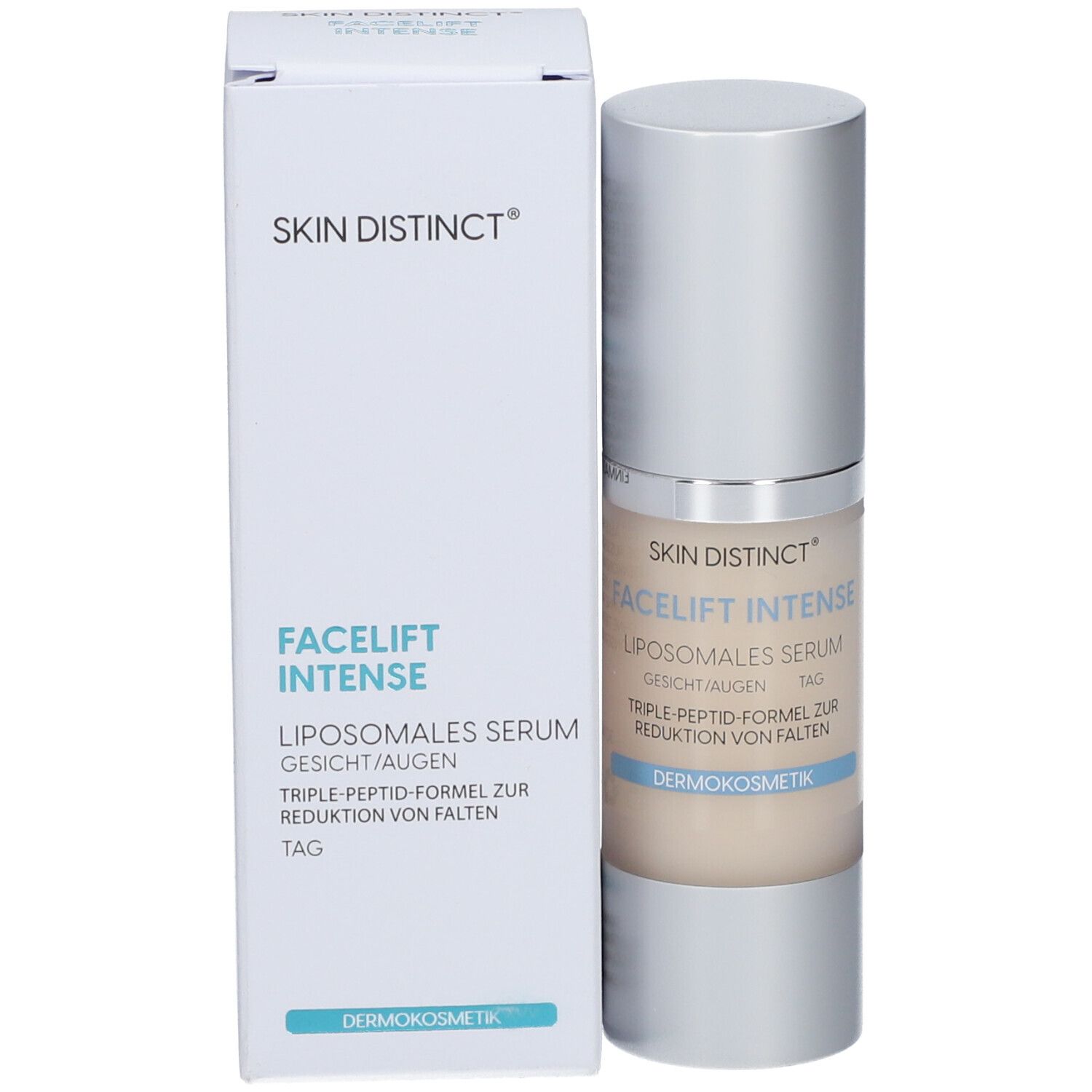SKIN DISTINCT® Facelift Intense Serum, Flasche und Verpackung. Text: Liposomales Serum, Gesicht/Augen.