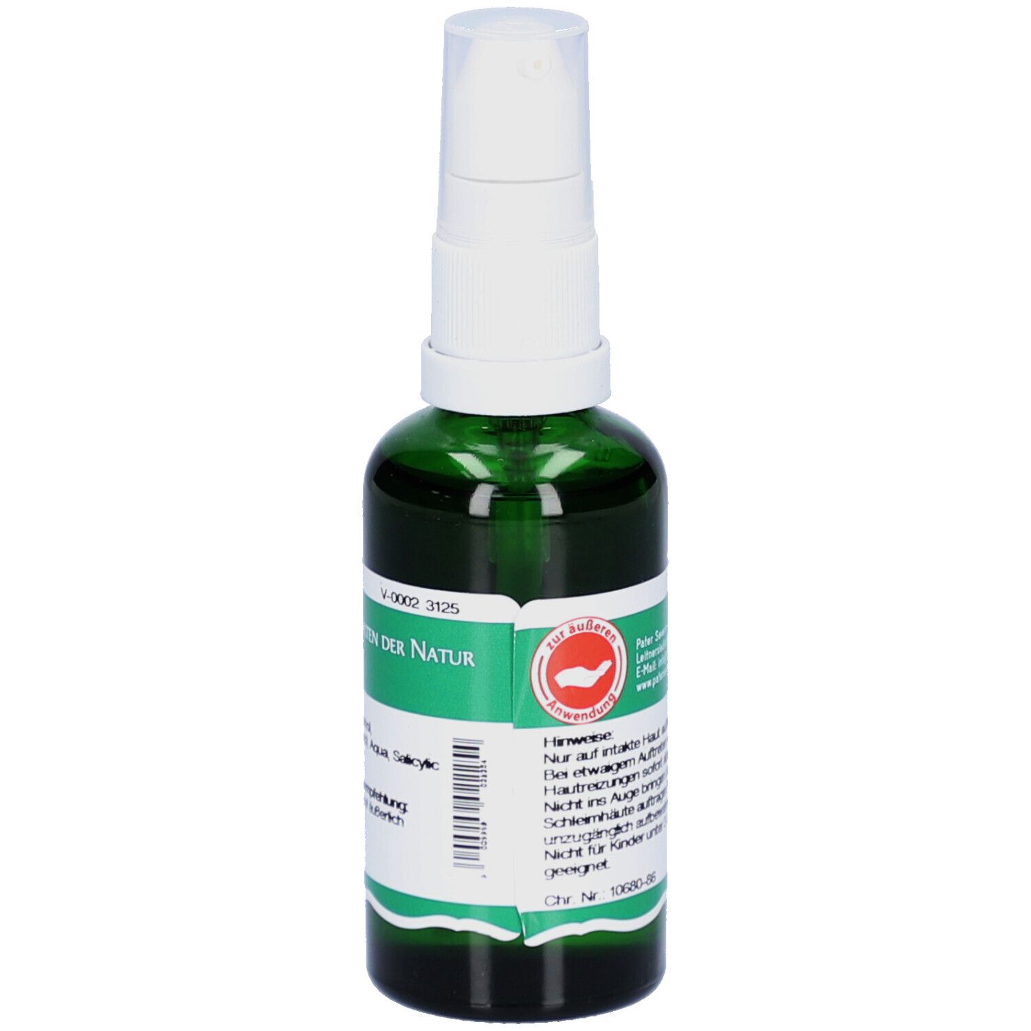 Grüne Glasflasche mit weißem Sprühkopf. Beschriftung: Salicylspiritus 2% fettend. Text und Logo: P. Severin.