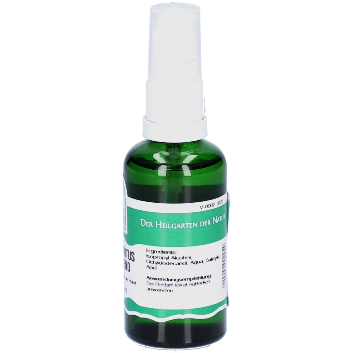 Grüne Glasflasche mit weißem Sprühkopf. Beschriftung: Salicylspiritus 2% fettend. Text und Logo: P. Severin.