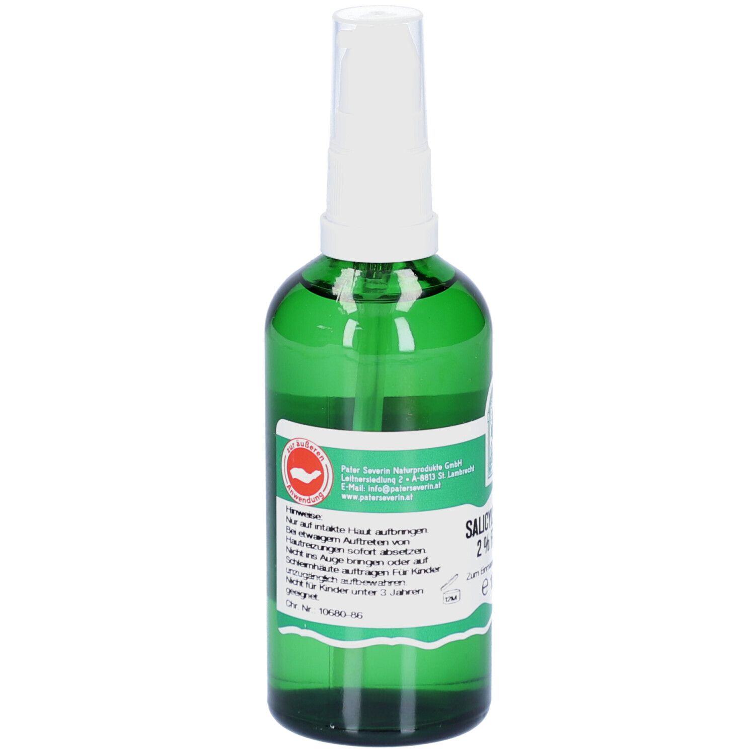 Grüne Glasflasche mit weißem Deckel. Etikett mit Warnhinweisen und Mindesthaltbarkeitsdatum.