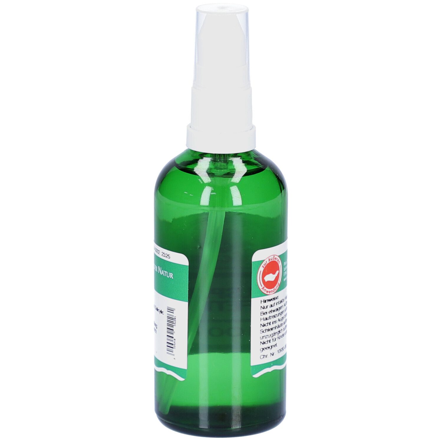 Grüne Glasflasche mit weißem Deckel. Etikett mit Produktnamen, Logo und Inhaltsstoffen.