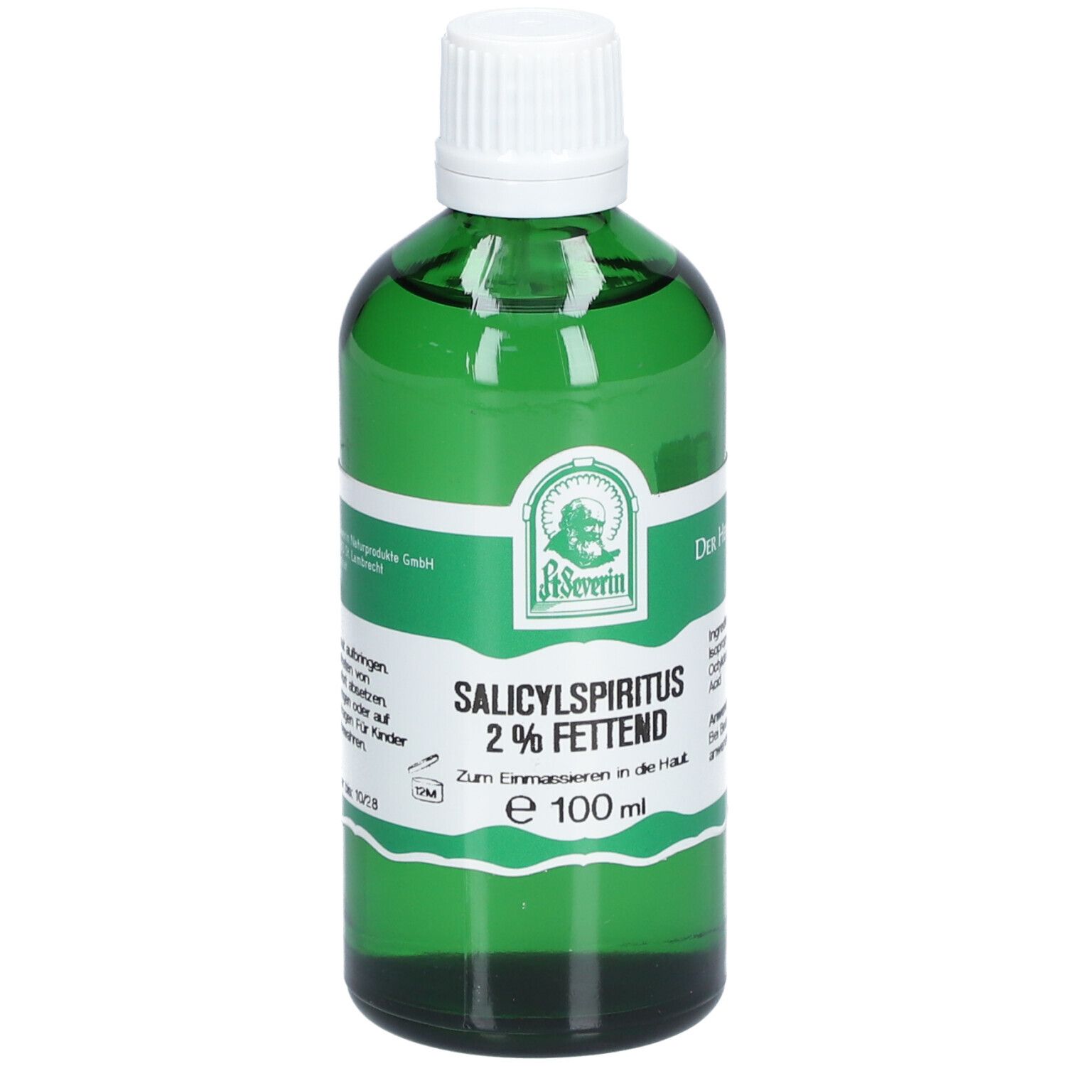 Grüne Glasflasche mit weißem Deckel. Etikett mit Produktnamen und Logo. Enthält Salicylspiritus 2% fettend.