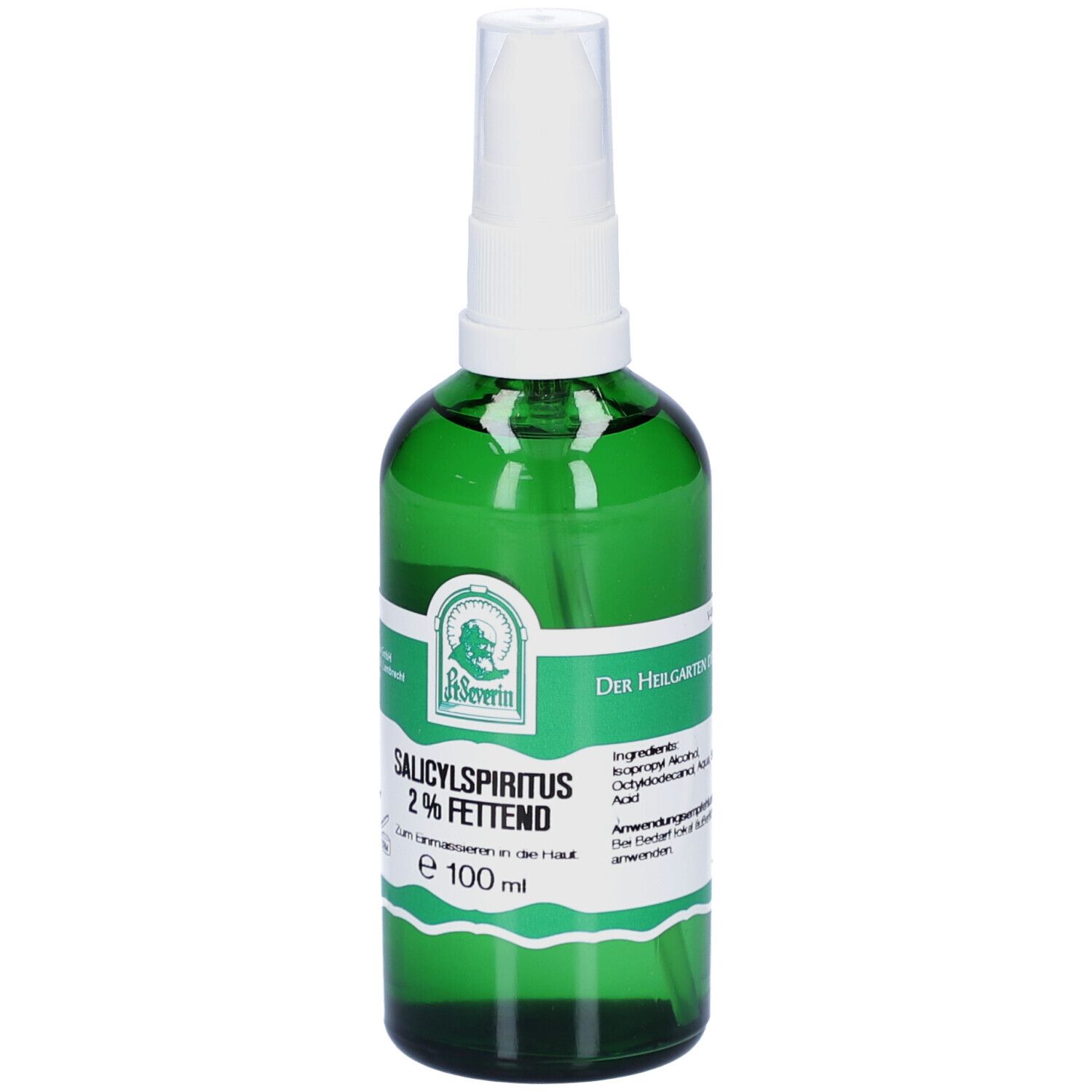 Grüne Glasflasche mit weißem Deckel. Etikett mit Produktnamen, Logo und Inhaltsstoffen.