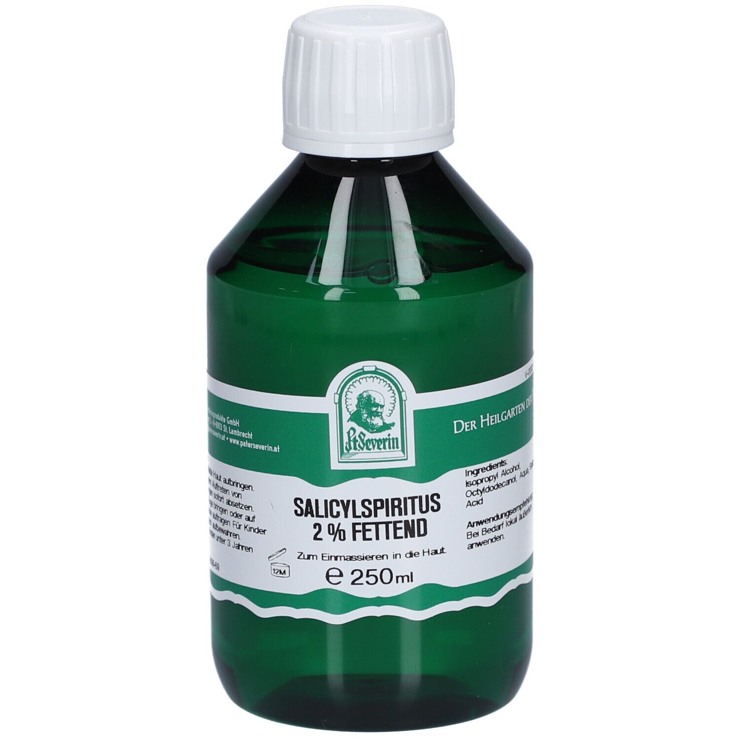 Grüne Flasche mit weißem Verschluss. Aufschrift: Salicylspiritus 2% FETTEND. Etikett mit Produktinformationen.