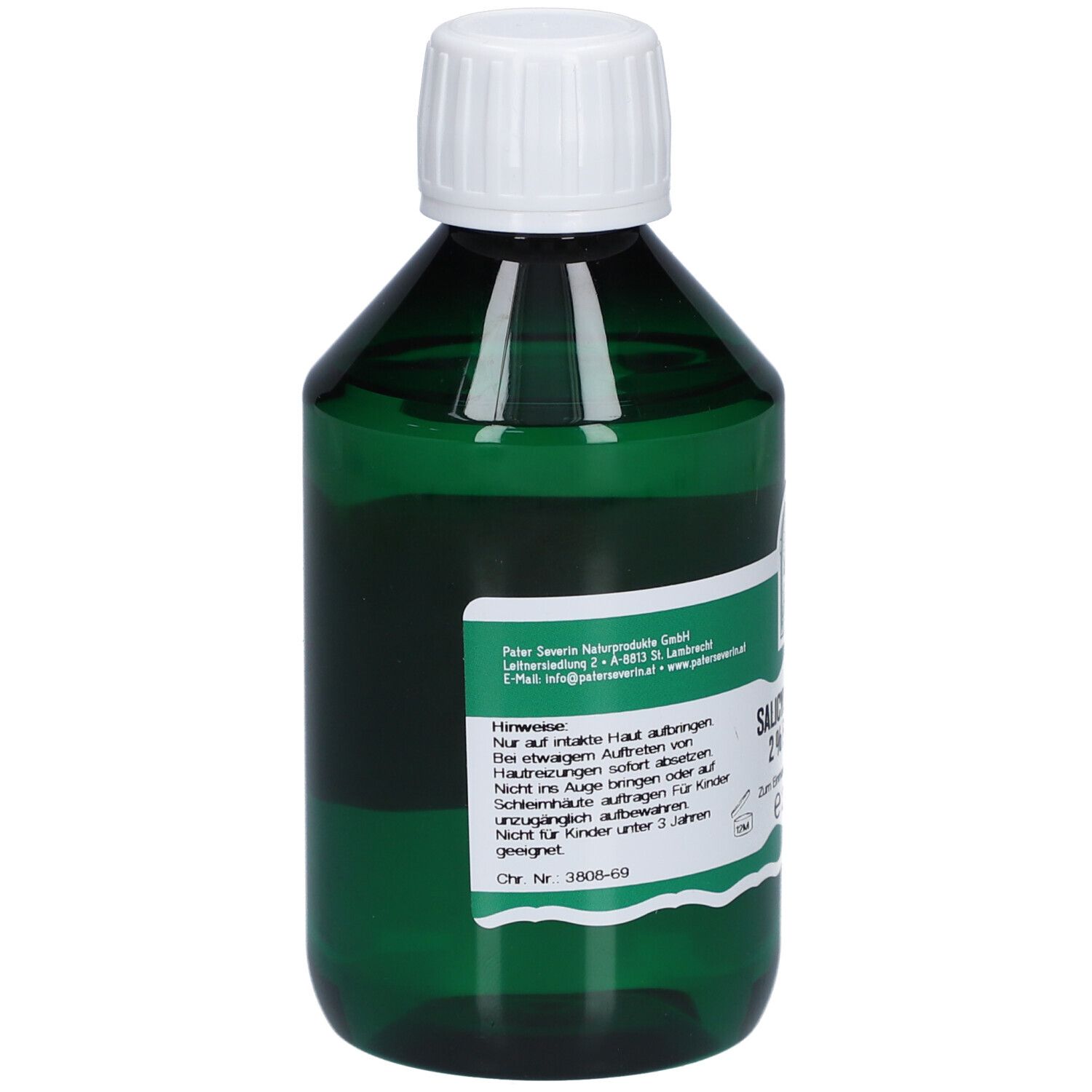 Grüne Flasche mit weißem Verschluss. Etikett mit Produktinformationen und Hinweis.