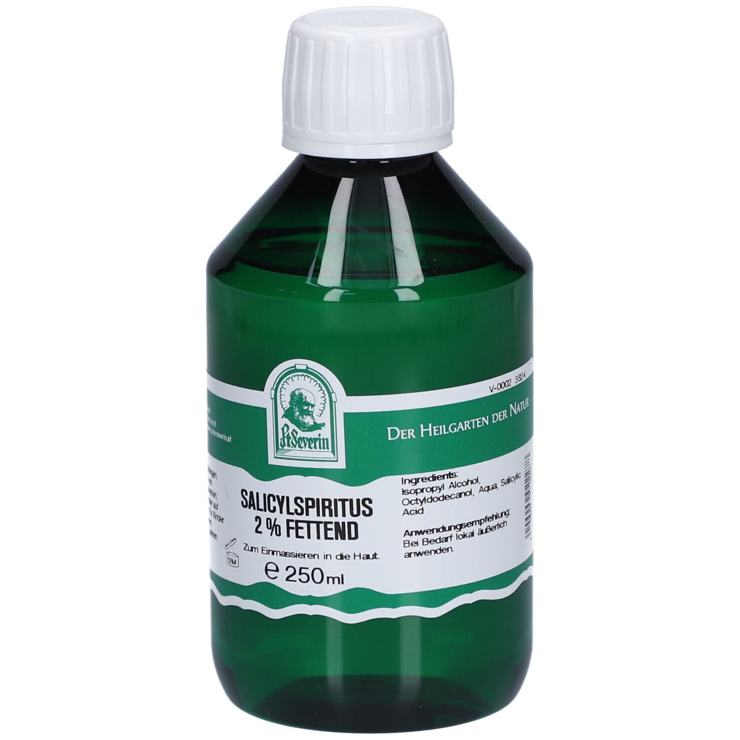 Grüne Flasche mit weißem Verschluss. Aufschrift: Salicylspiritus 2% FETTEND. Etikett mit Produktinformationen.