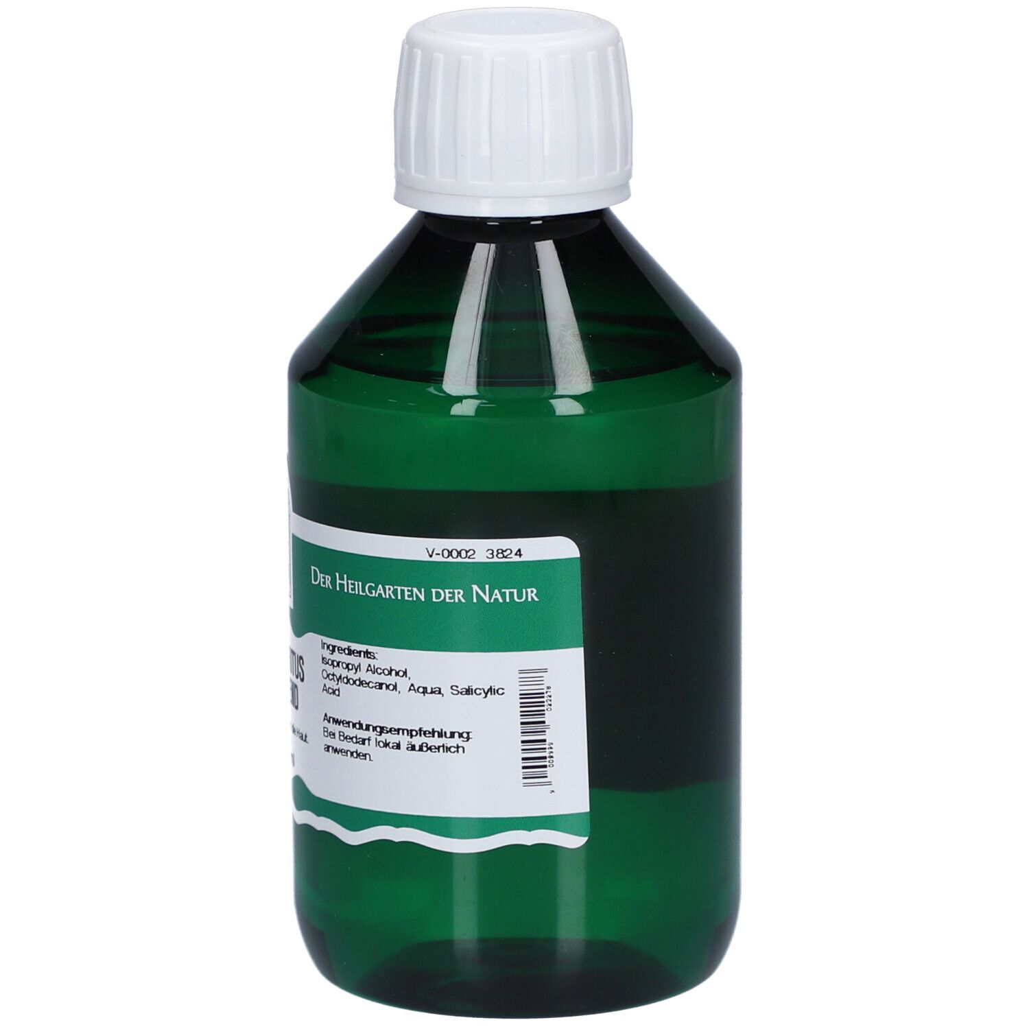 Grüne Flasche mit weißem Verschluss. Etikett mit Produktinformationen und Inhaltsstoffen.